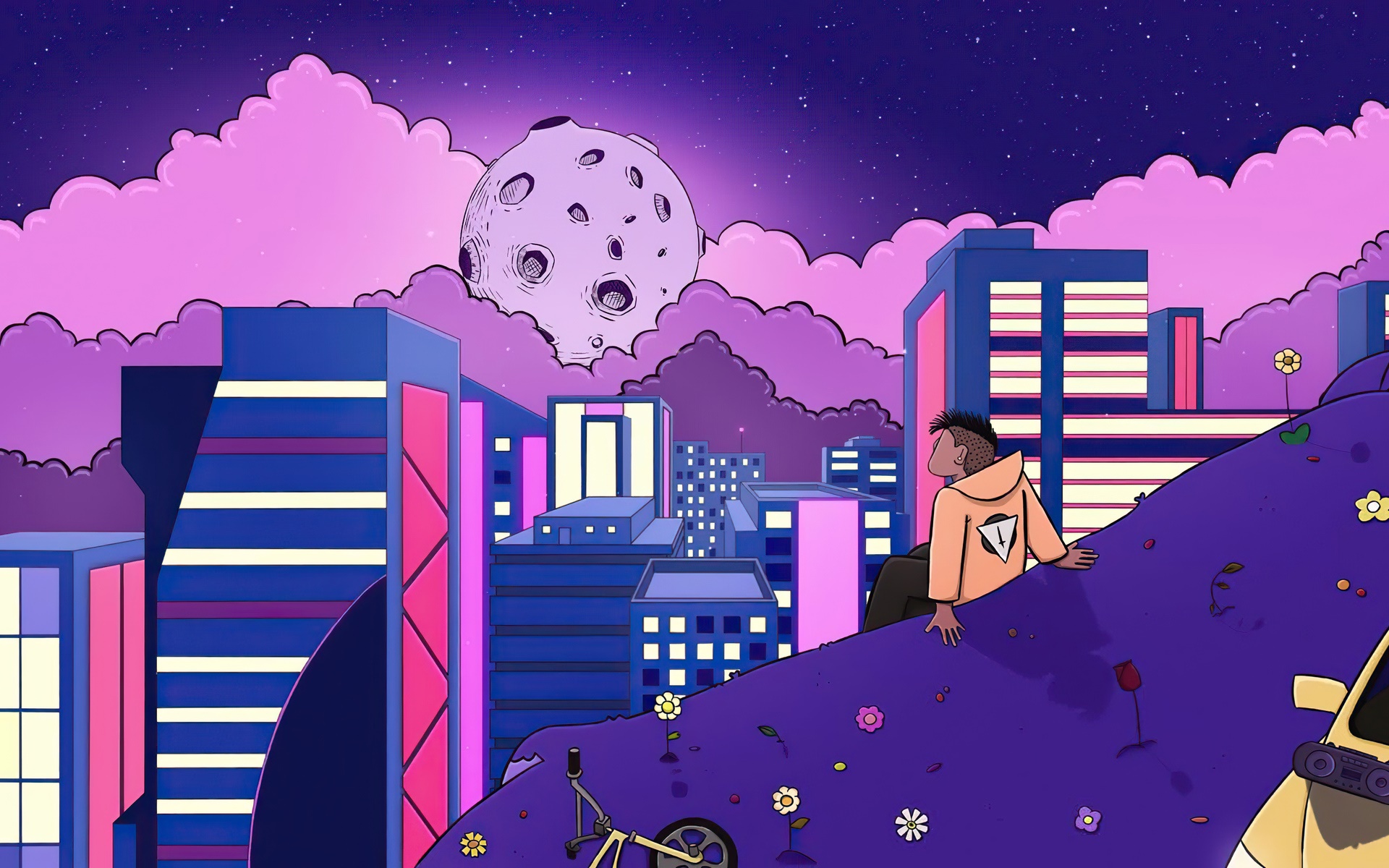 Man sitting on a hill overlooking a futuristic city at night HD Wallpaper
