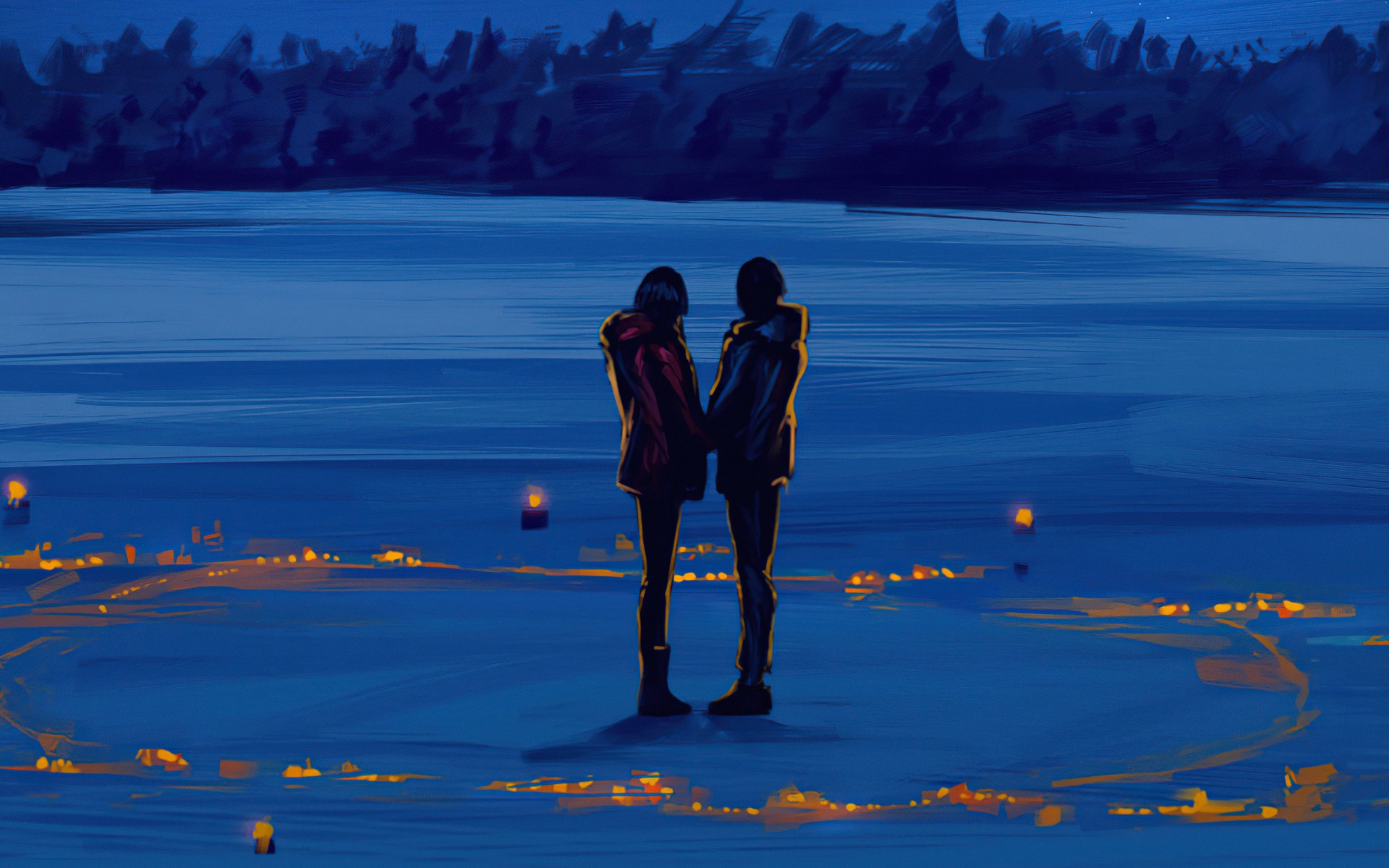 Couple holding hands by lanterns at night HD Wallpaper