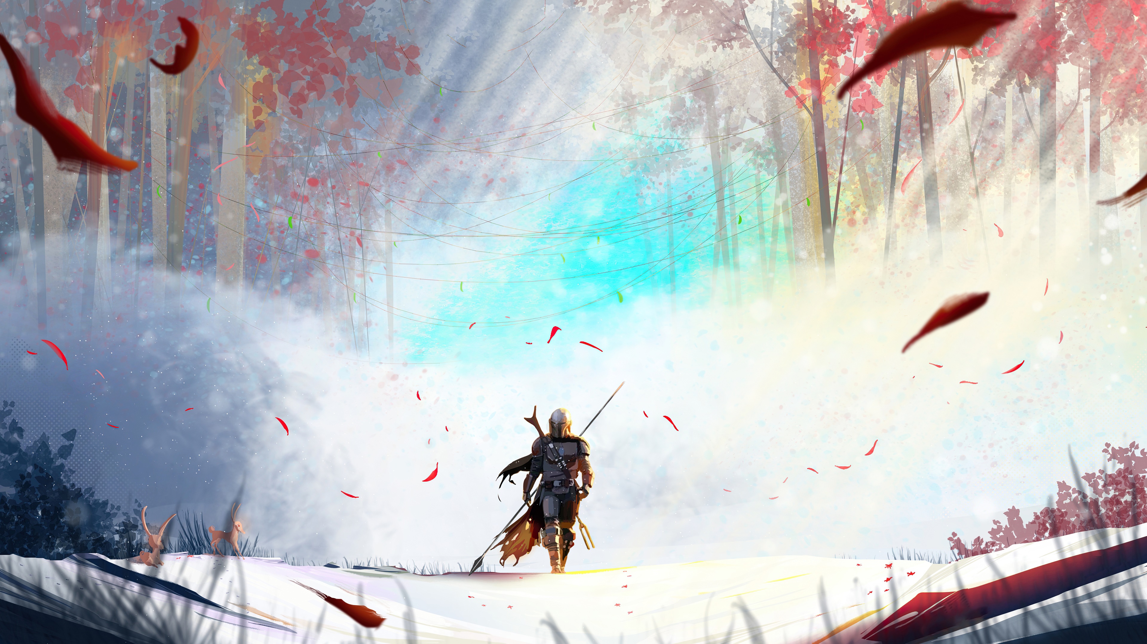 The Mandalorian walking through a forest HD Wallpaper