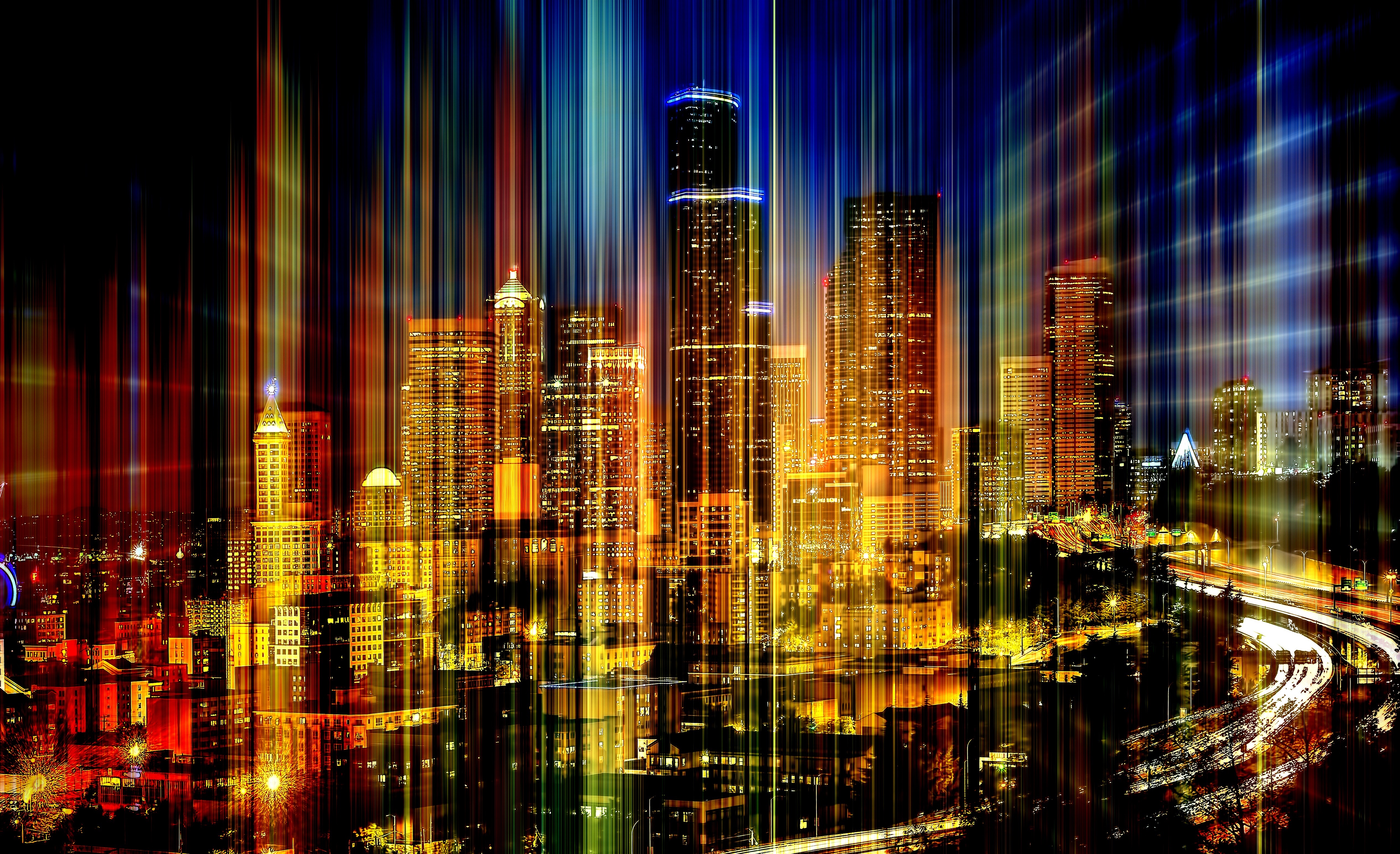 Cityscape with abstract light streaks 4K HD Wallpaper