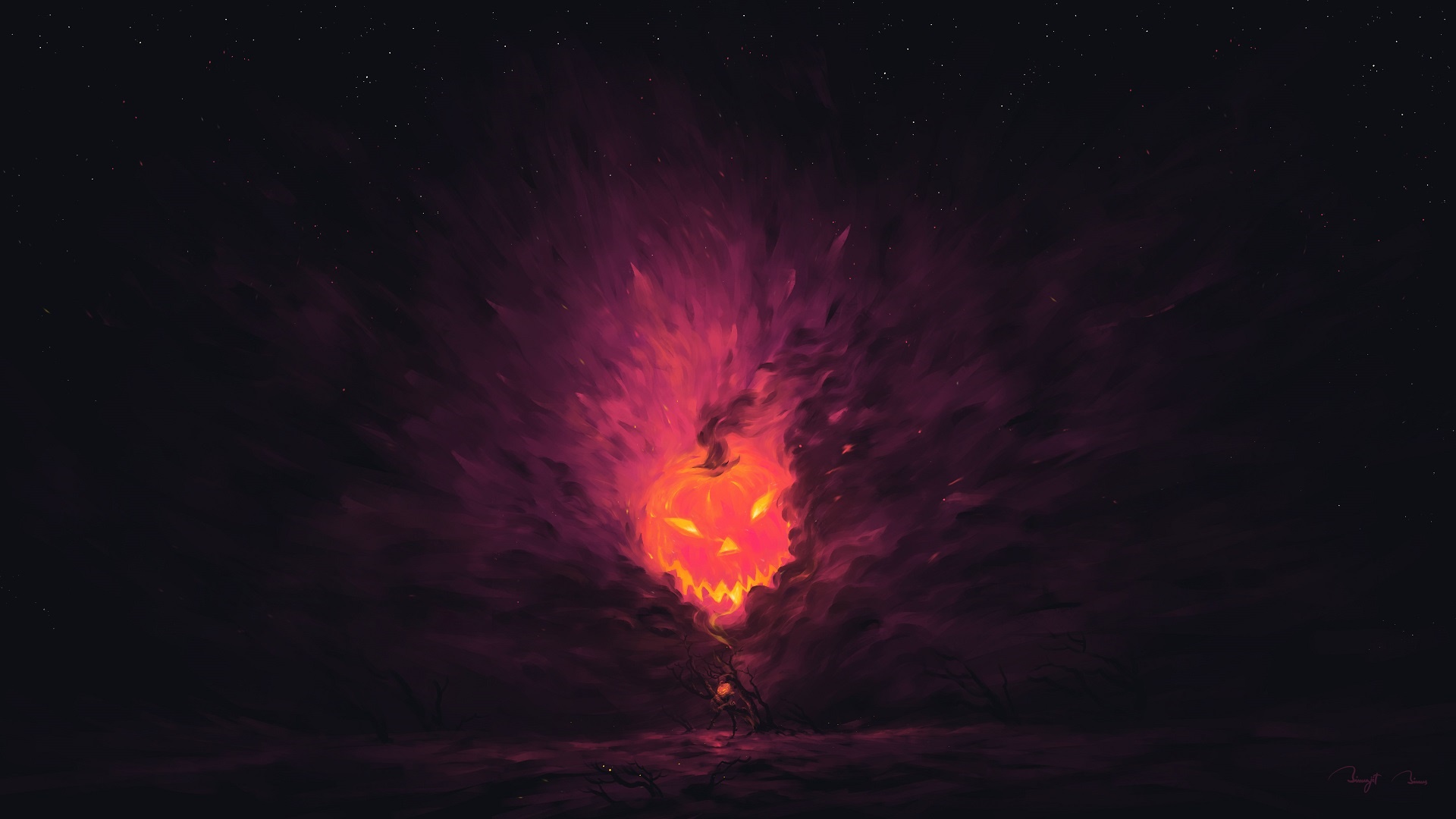 Jack-O-Lantern in a Cosmic Nebula HD Wallpaper