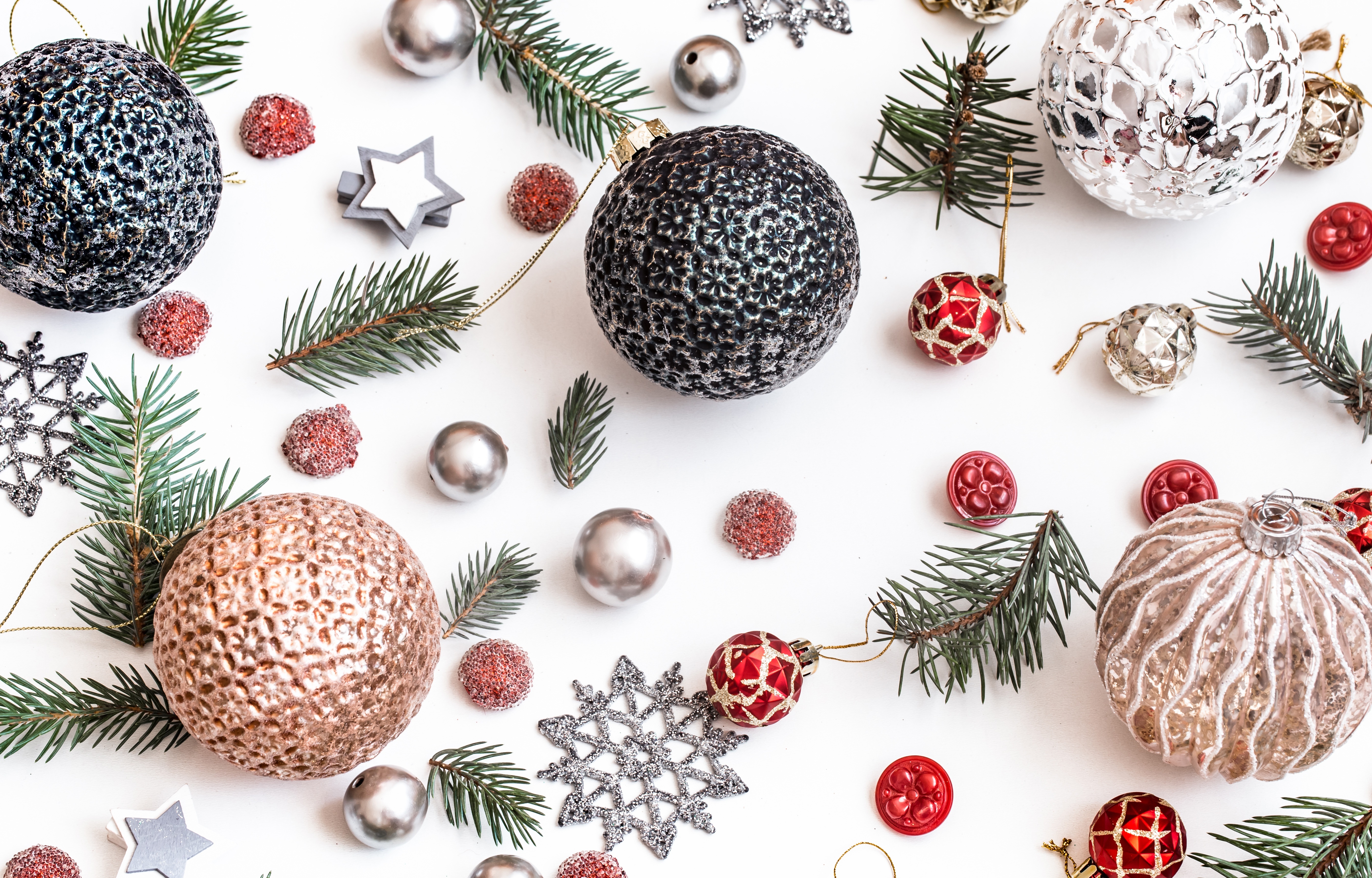 Christmas Ornaments and Pine Branches HD Wallpaper