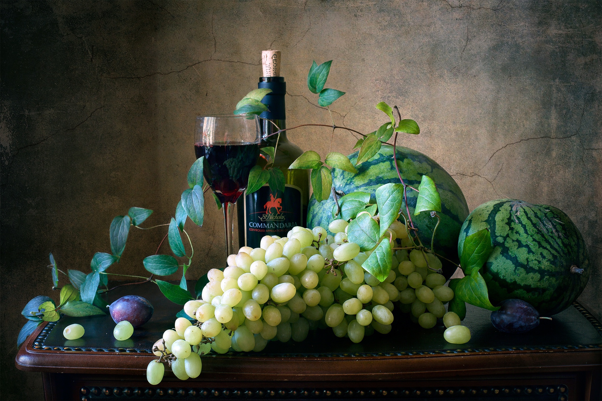 Still life with wine, grapes, watermelons, and plums HD Wallpaper