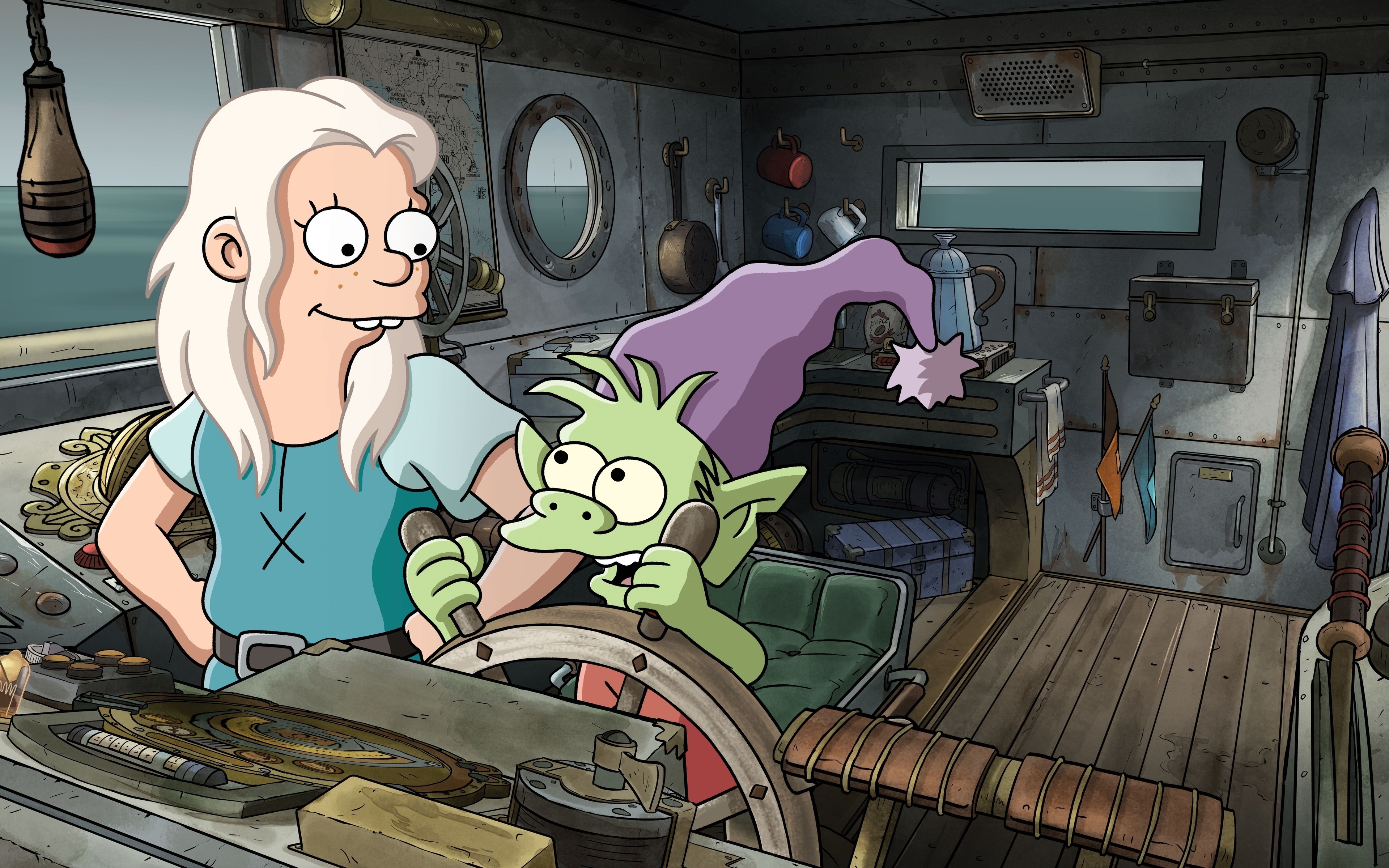 Bean and Elfo from Disenchantment on a ship HD Wallpaper