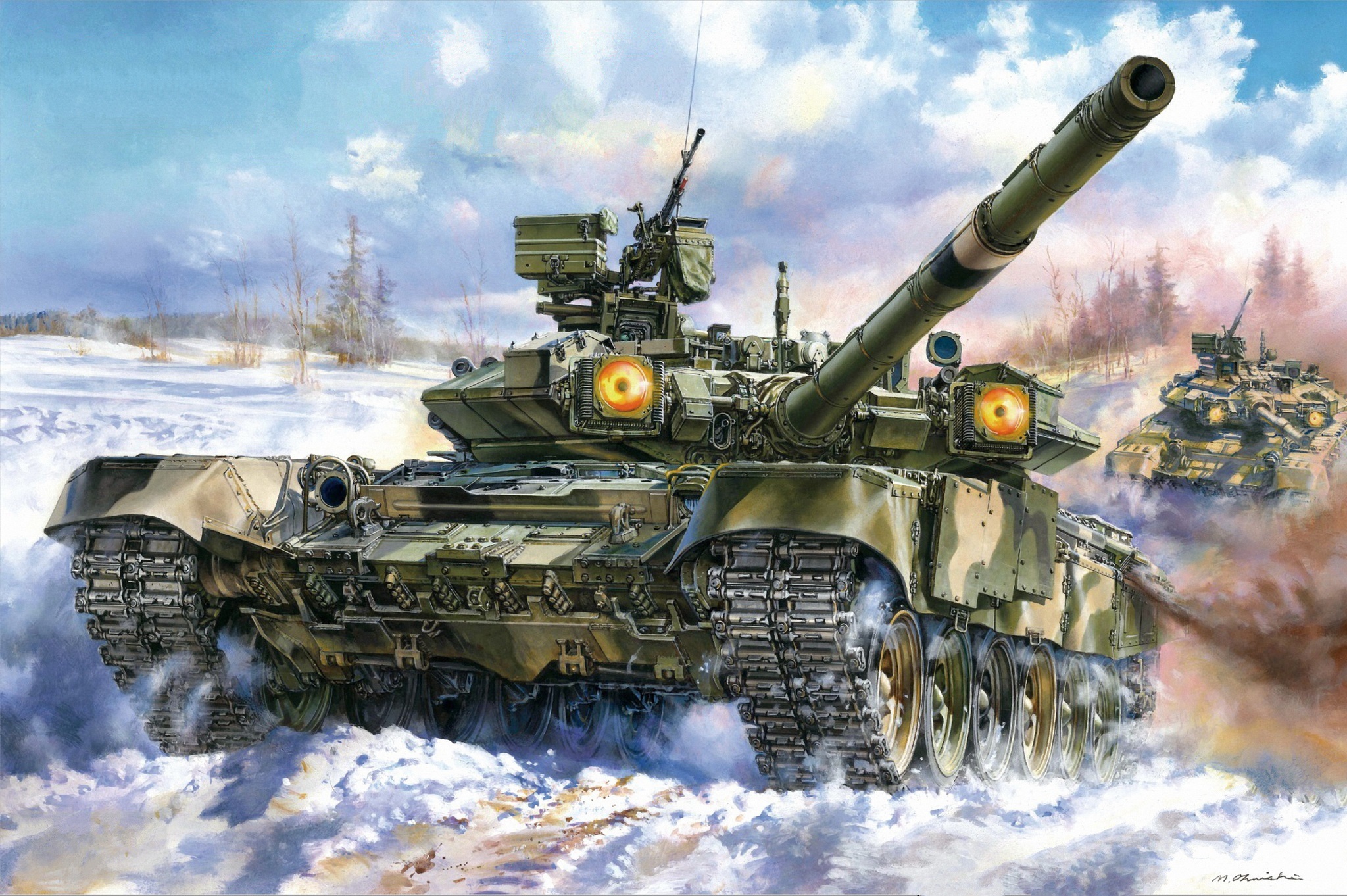 T-90 tanks in a snowy landscape HD Wallpaper