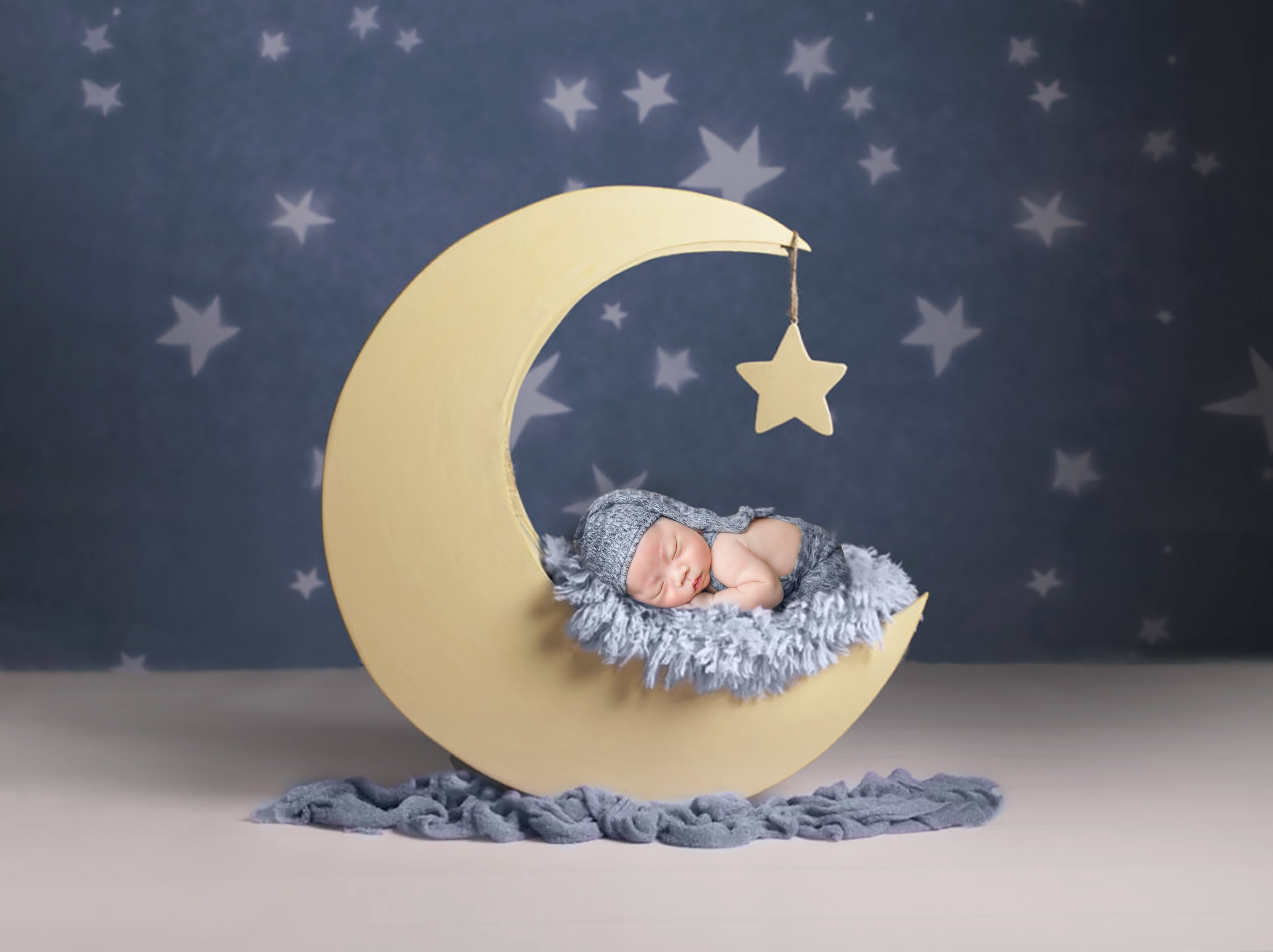 Newborn Baby Sleeping on Crescent Moon with Stars HD Wallpaper