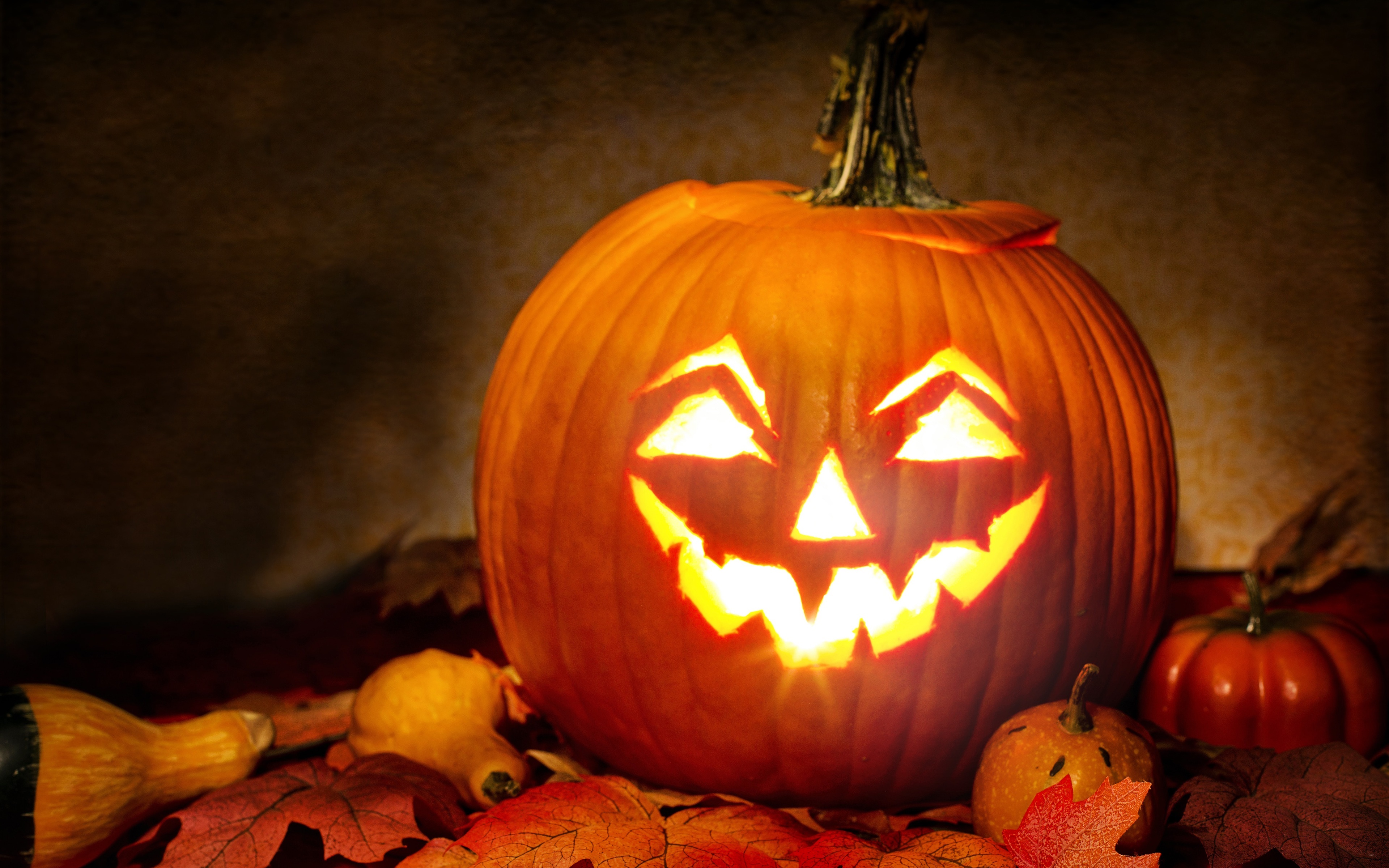 Halloween Jack-O-Lantern with Pumpkins and Leaves HD Wallpaper