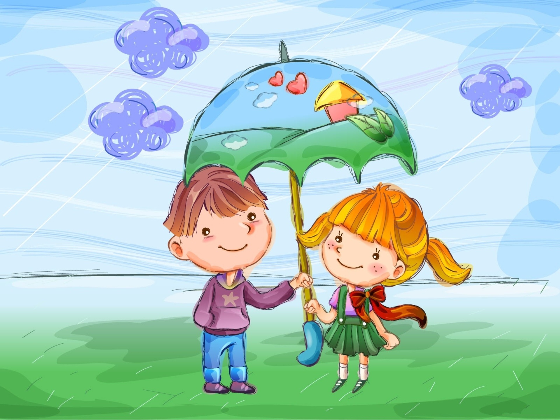 Children sharing an umbrella in the rain HD Wallpaper