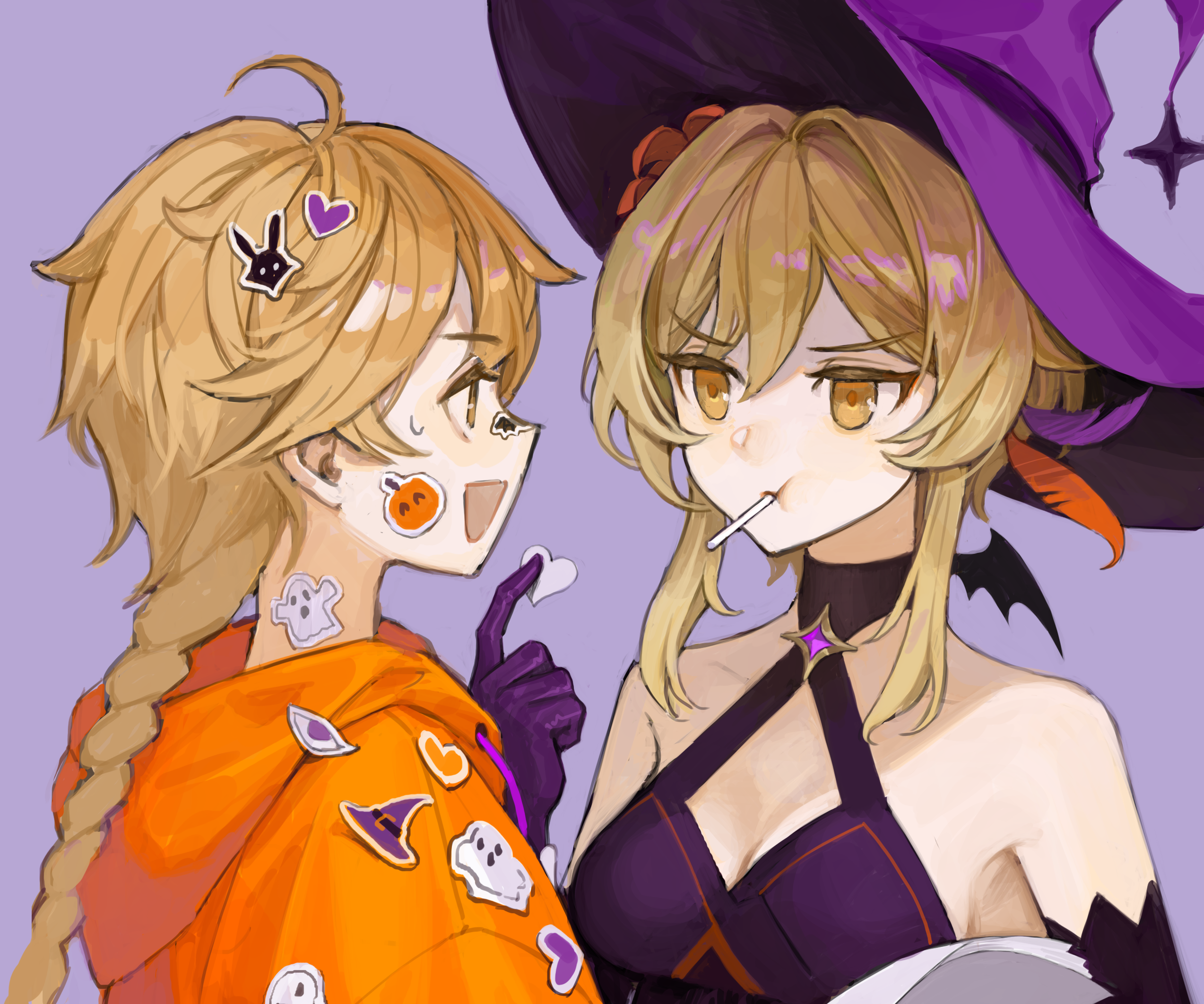 Aether and Lumine from Genshin Impact in Halloween costumes HD Wallpaper