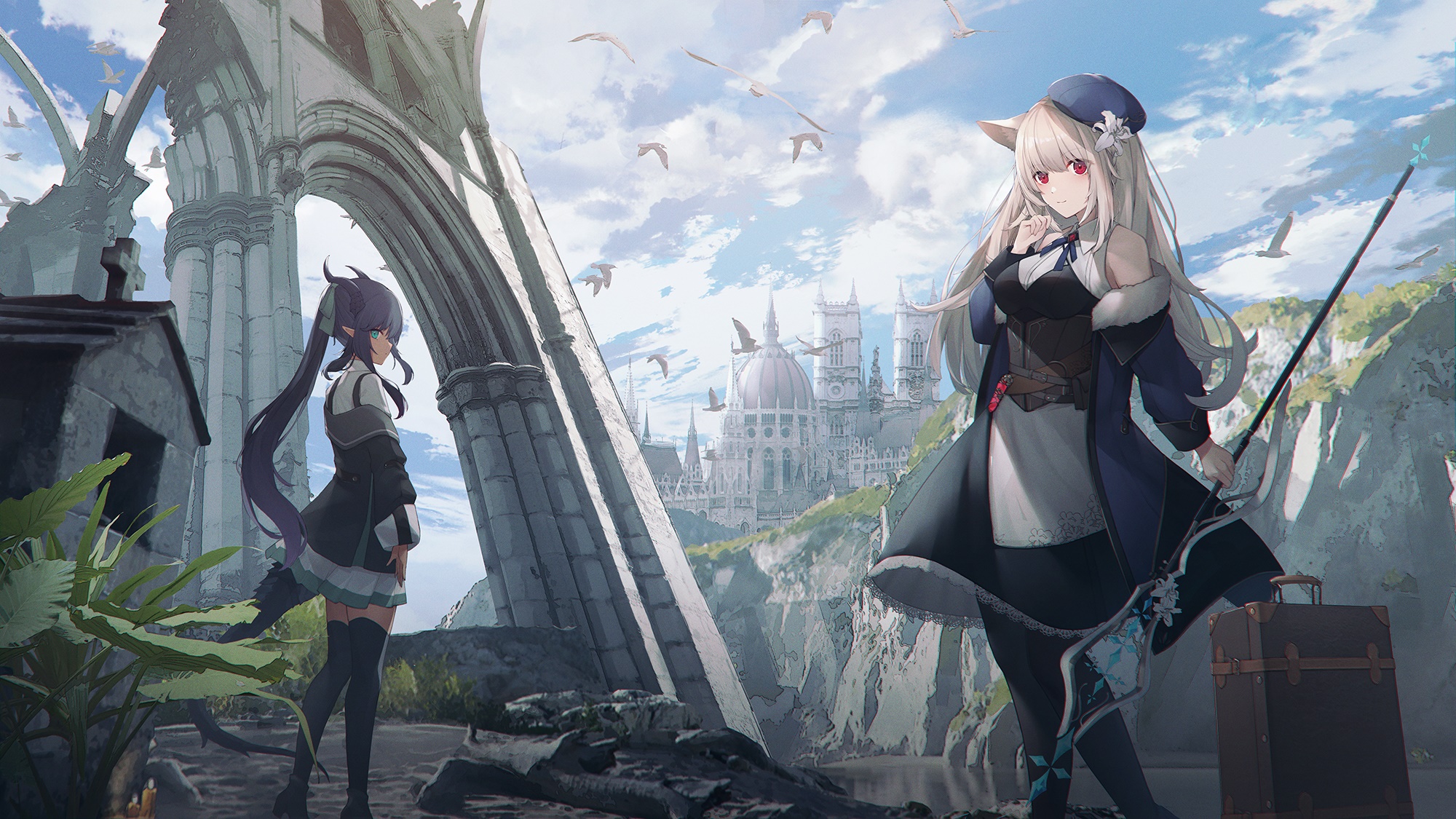 Two girls in fantasy setting with castle HD Wallpaper