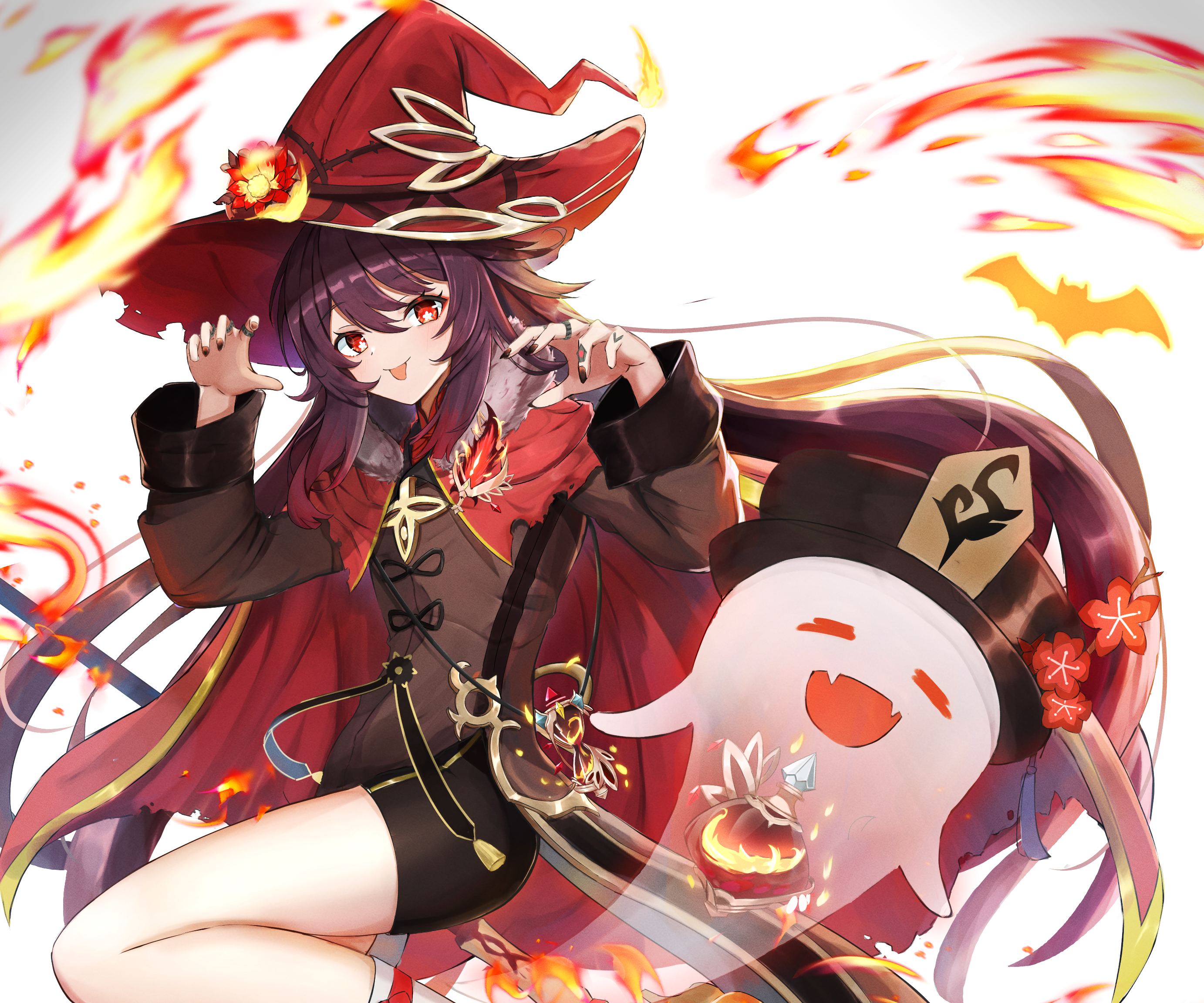 Hu Tao from Genshin Impact with a ghost companion HD Wallpaper