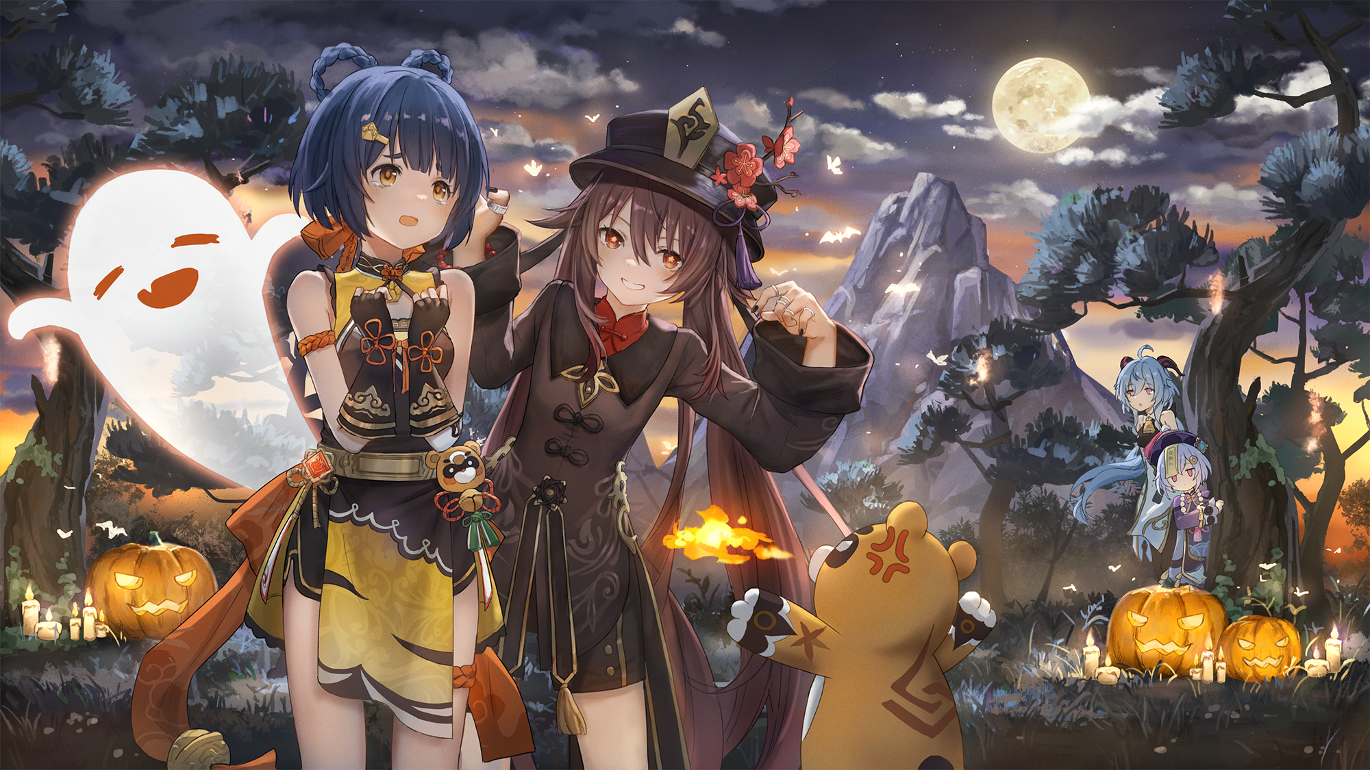 Xiangling and Hu Tao from Genshin Impact celebrating Halloween HD Wallpaper