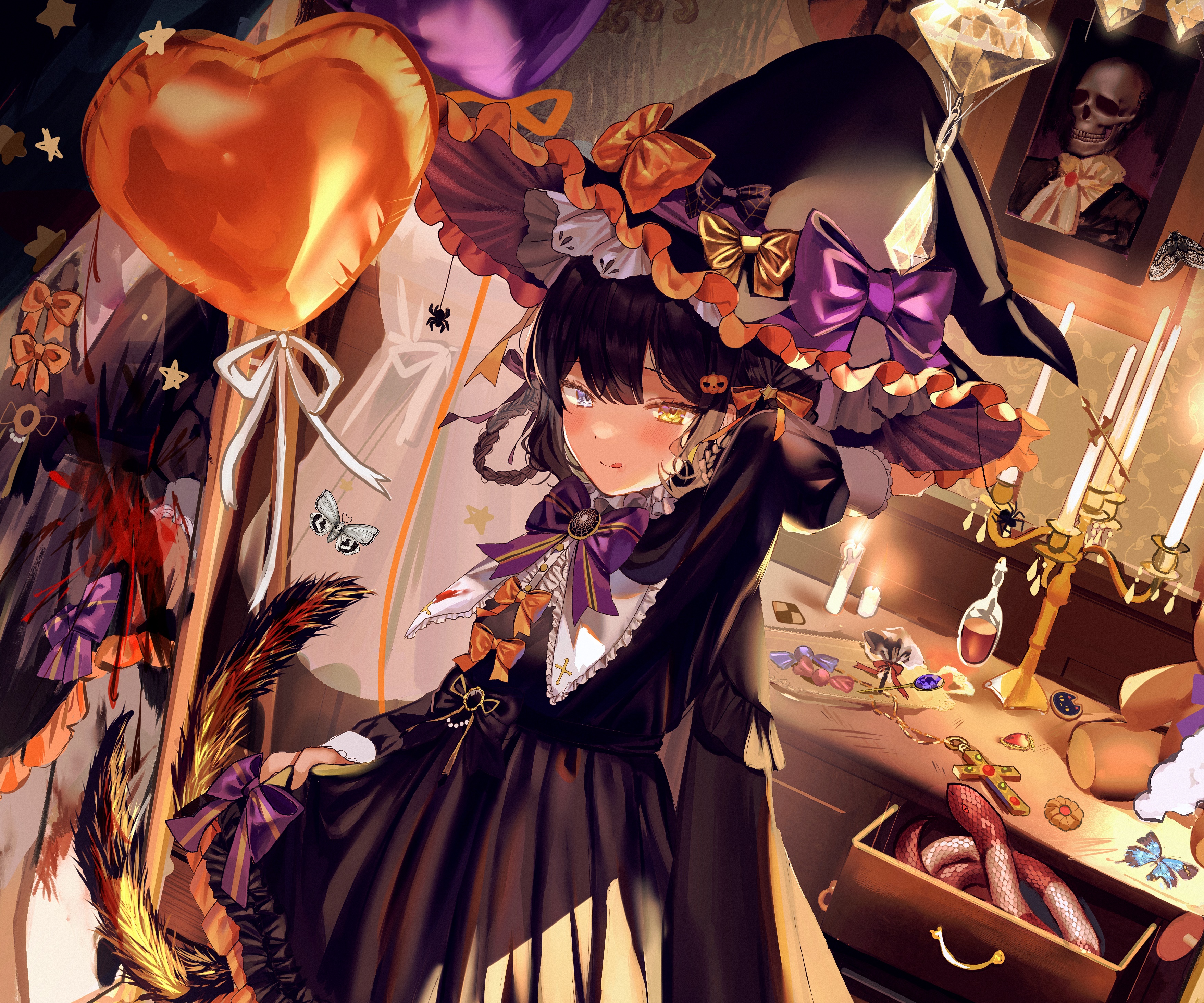 Girl in witch costume with Halloween decorations HD Wallpaper