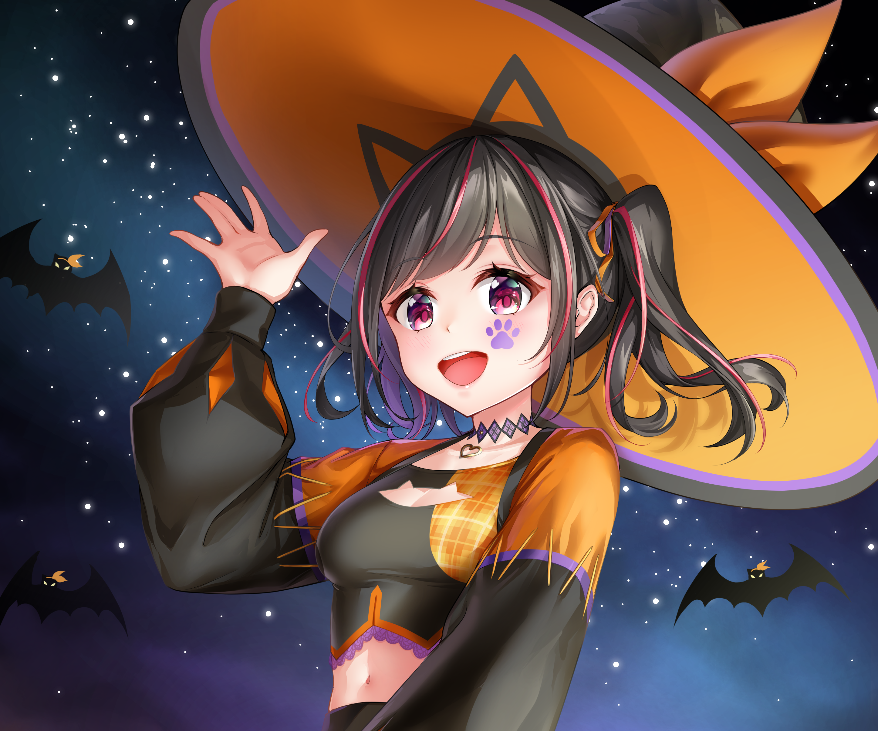 Anime girl in witch hat with bats HD Wallpaper