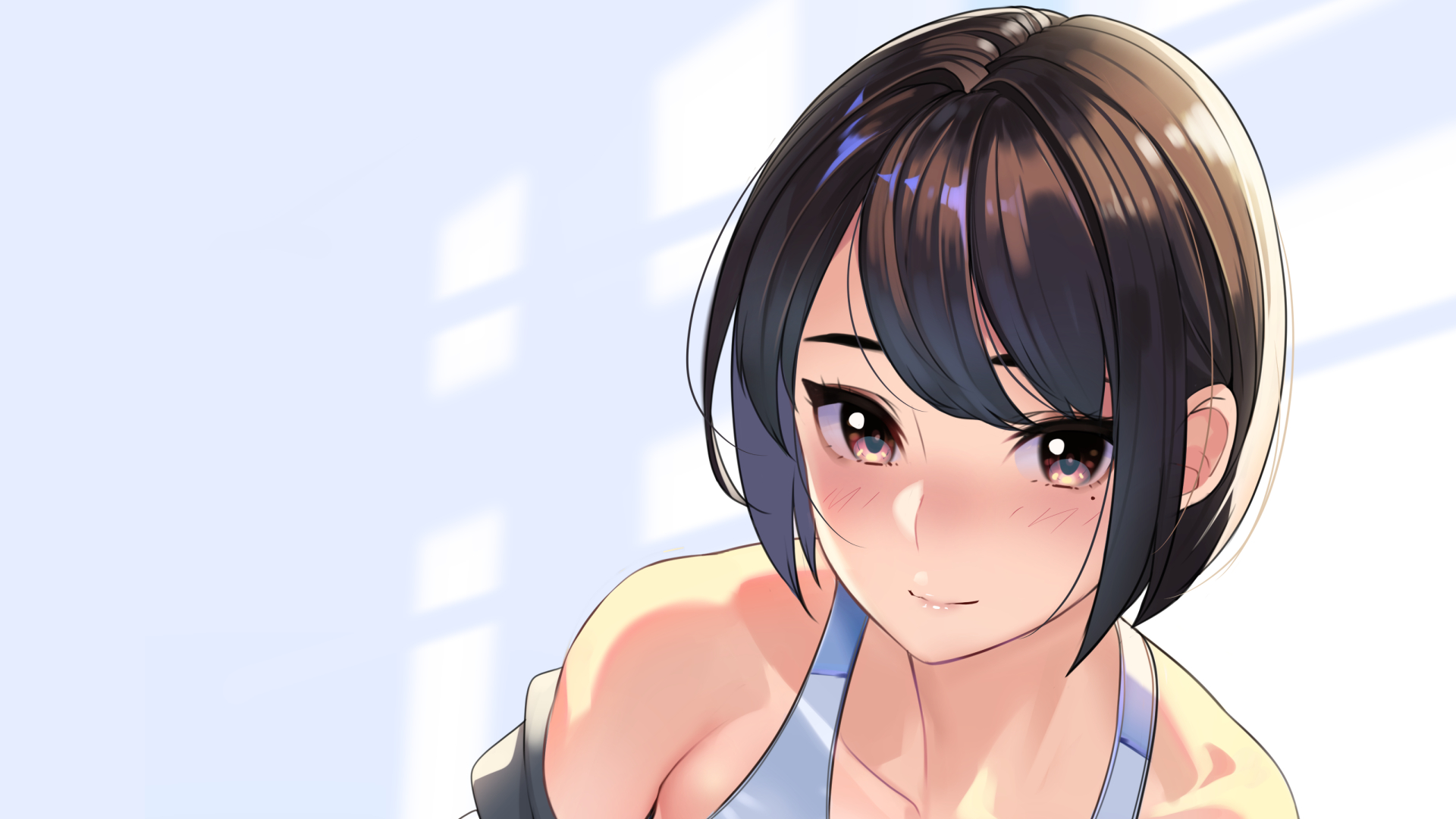 Anime girl with short black hair and bright eyes HD Wallpaper