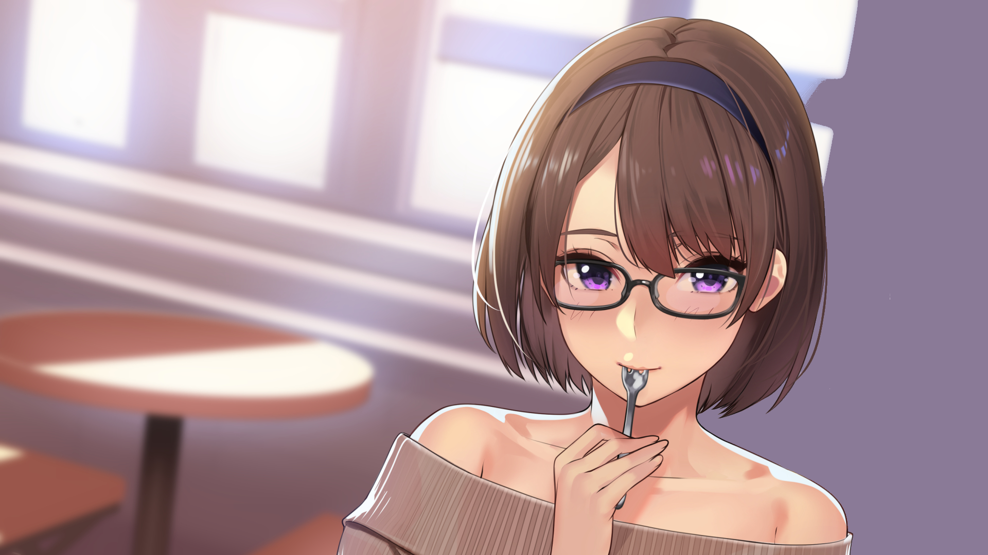 Girl with glasses eating with a spoon HD Wallpaper