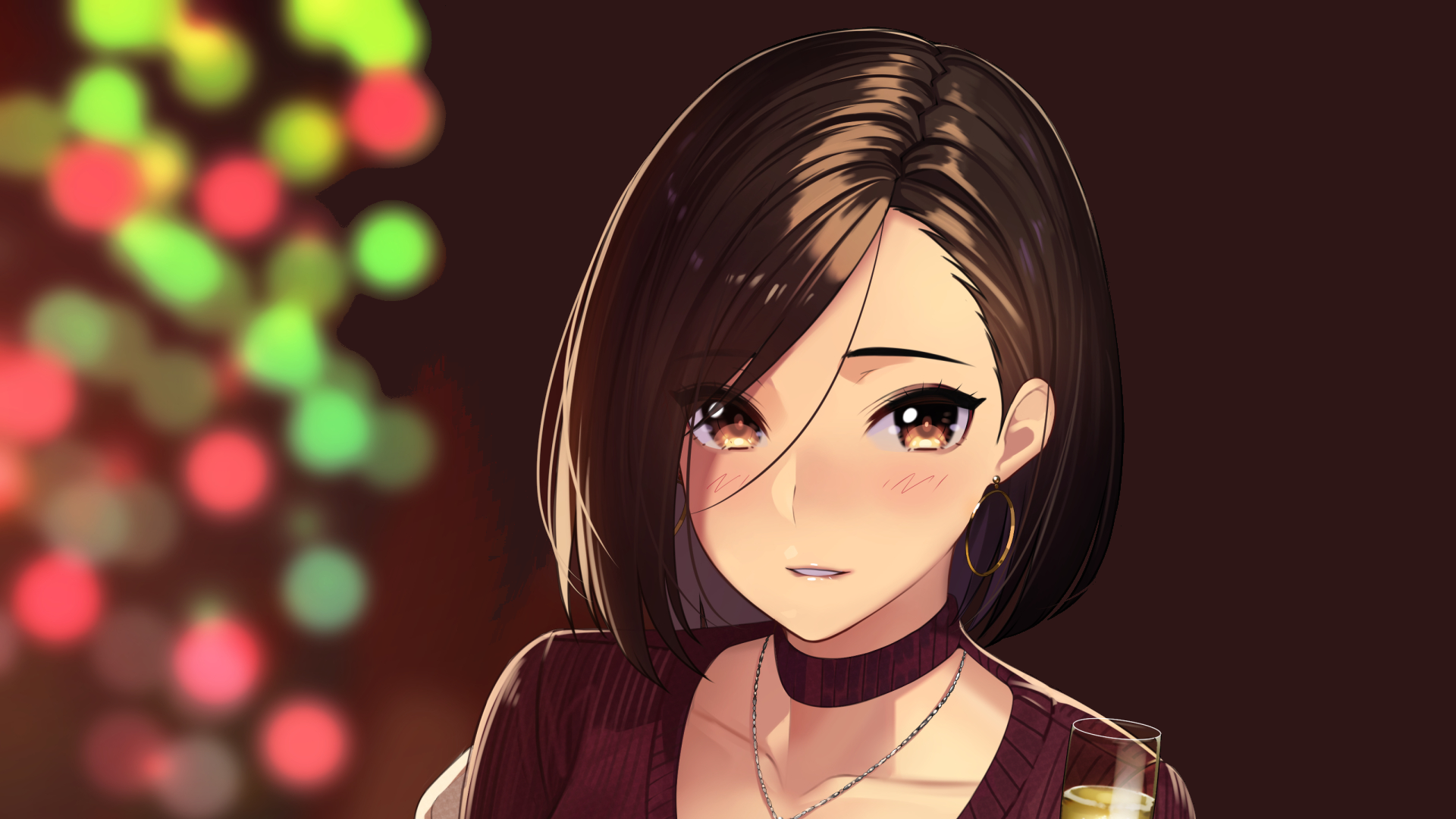 Anime girl with short brown hair holding a drink HD Wallpaper