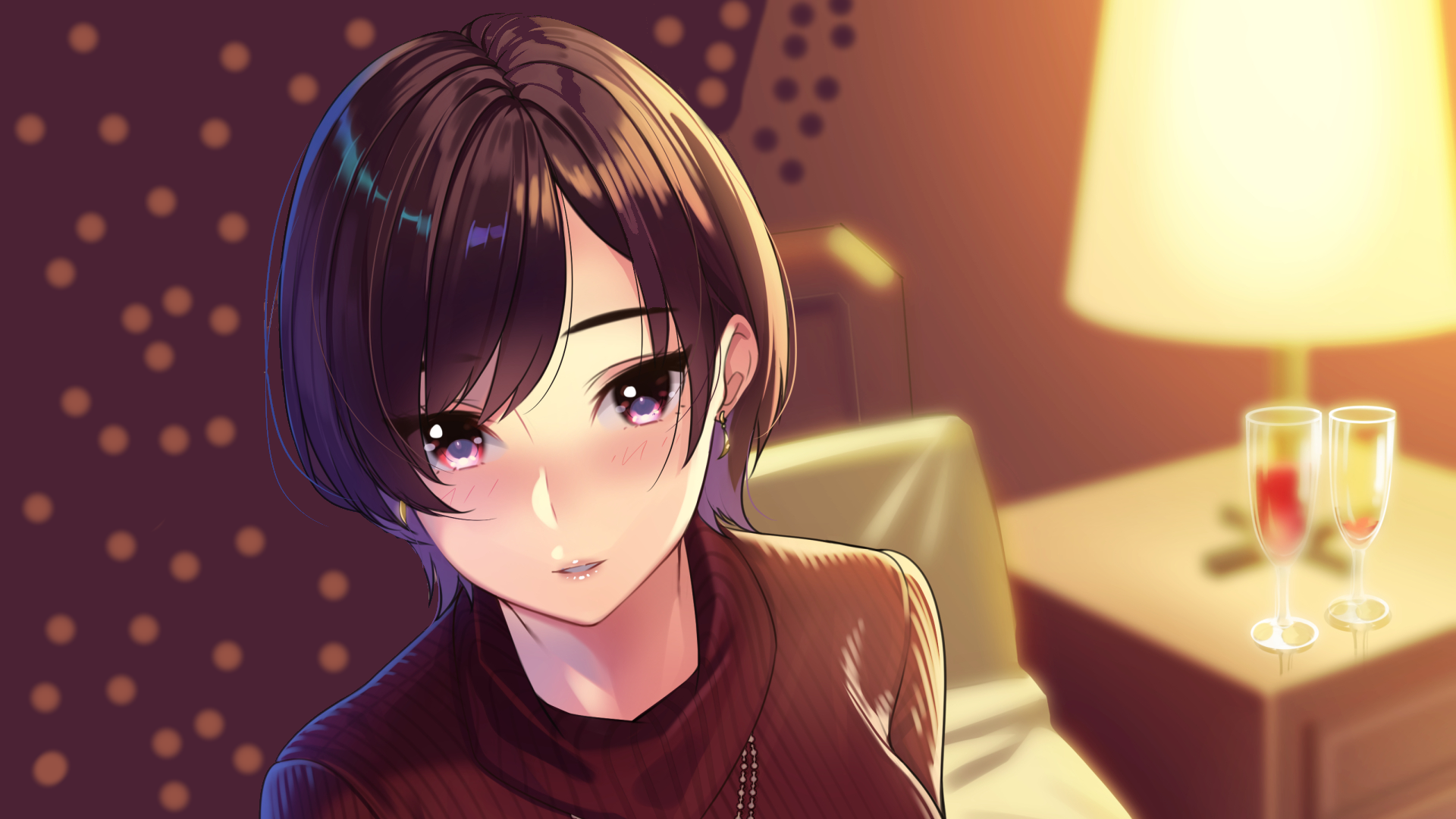 Anime girl with short dark hair in a dimly lit room HD Wallpaper