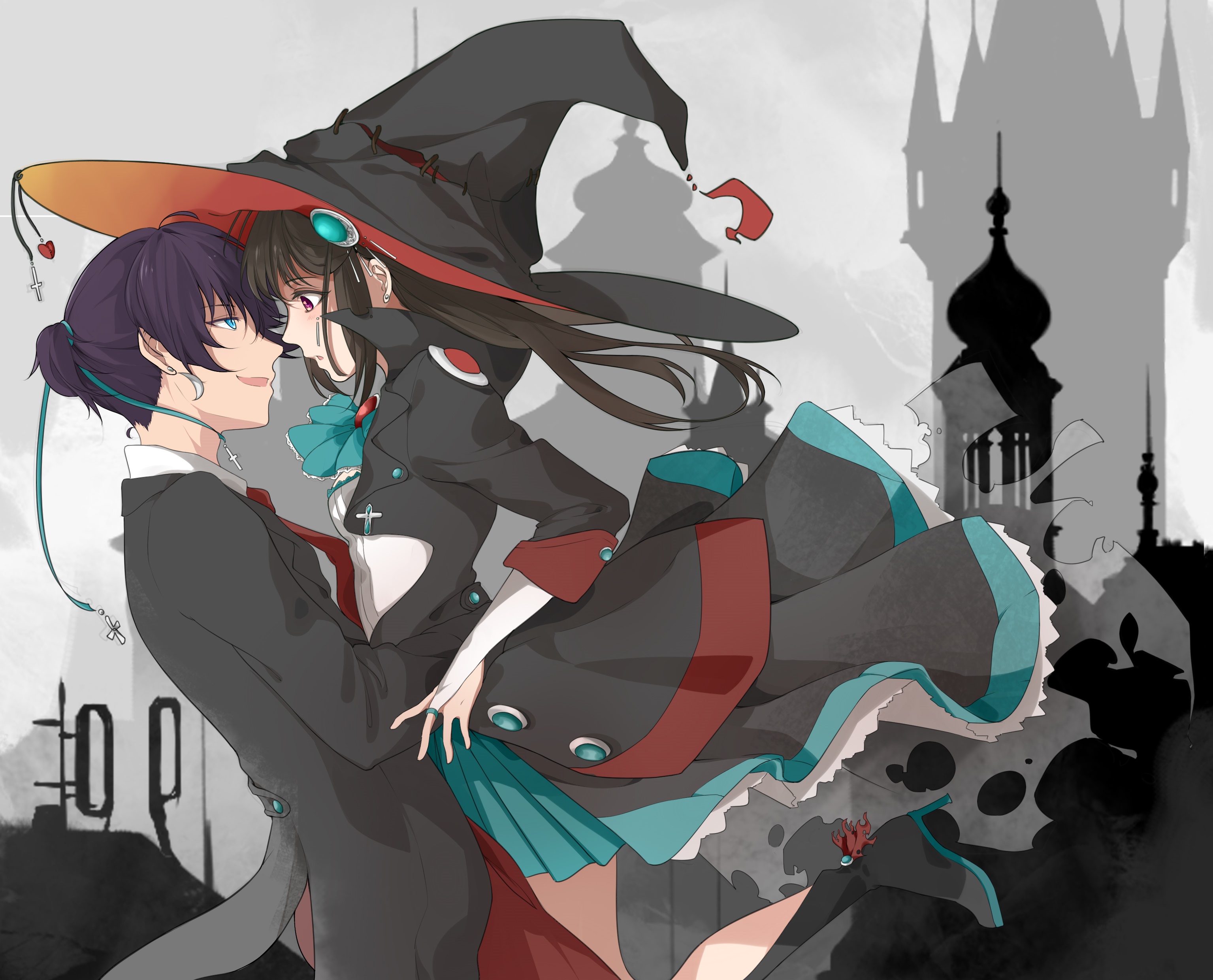 Couple in Witch Hats with Castle Background HD Wallpaper