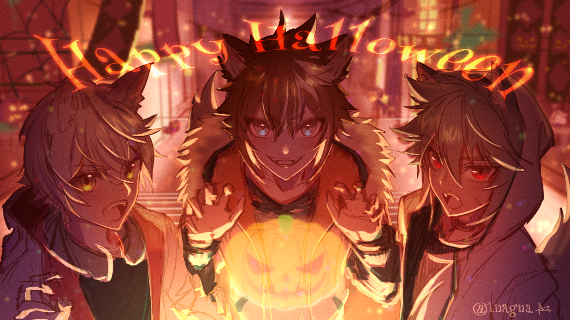 Three wolf-eared boys with a Jack-o'-lantern HD Wallpaper