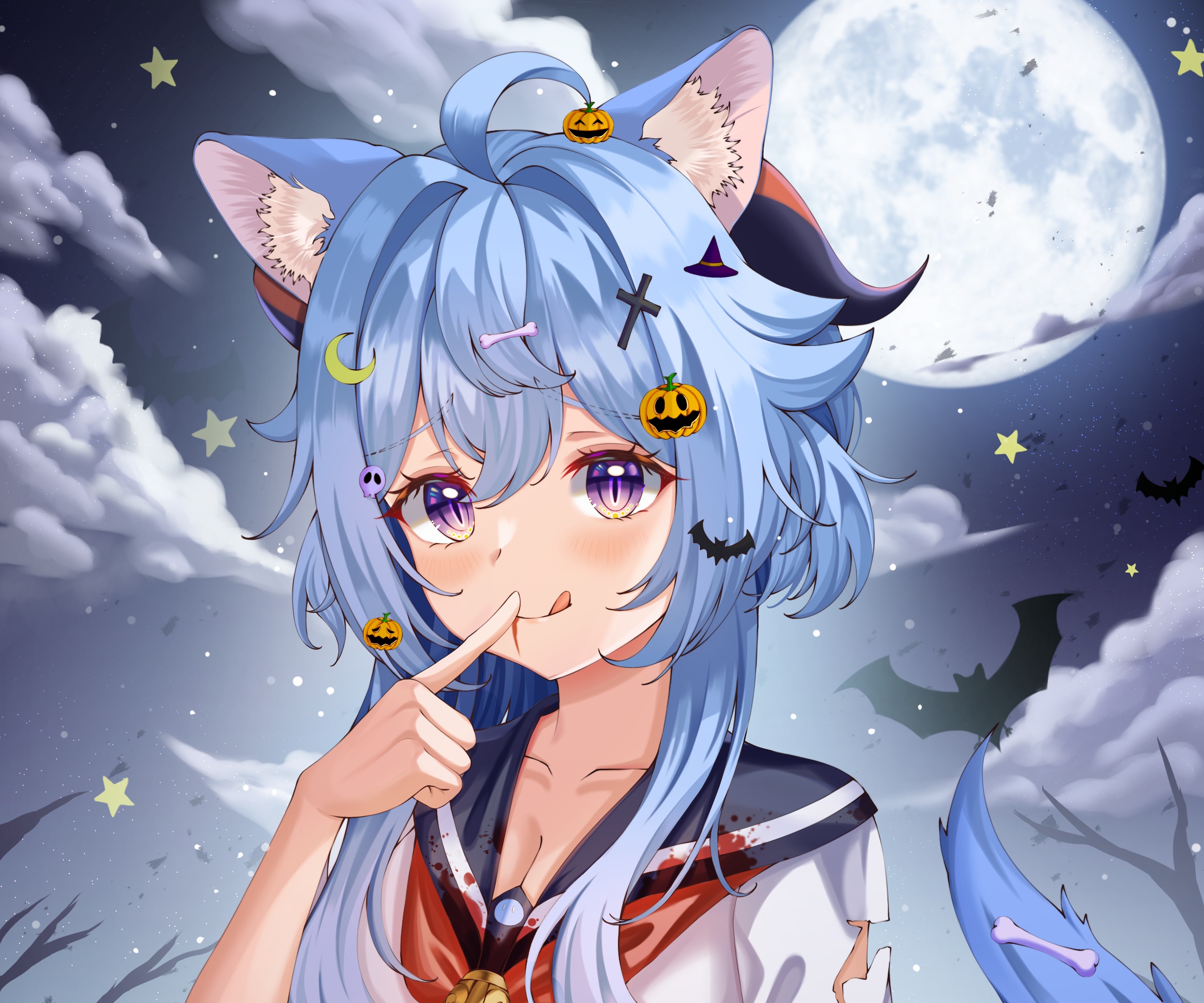 Anime girl with cat ears and Halloween decorations HD Wallpaper