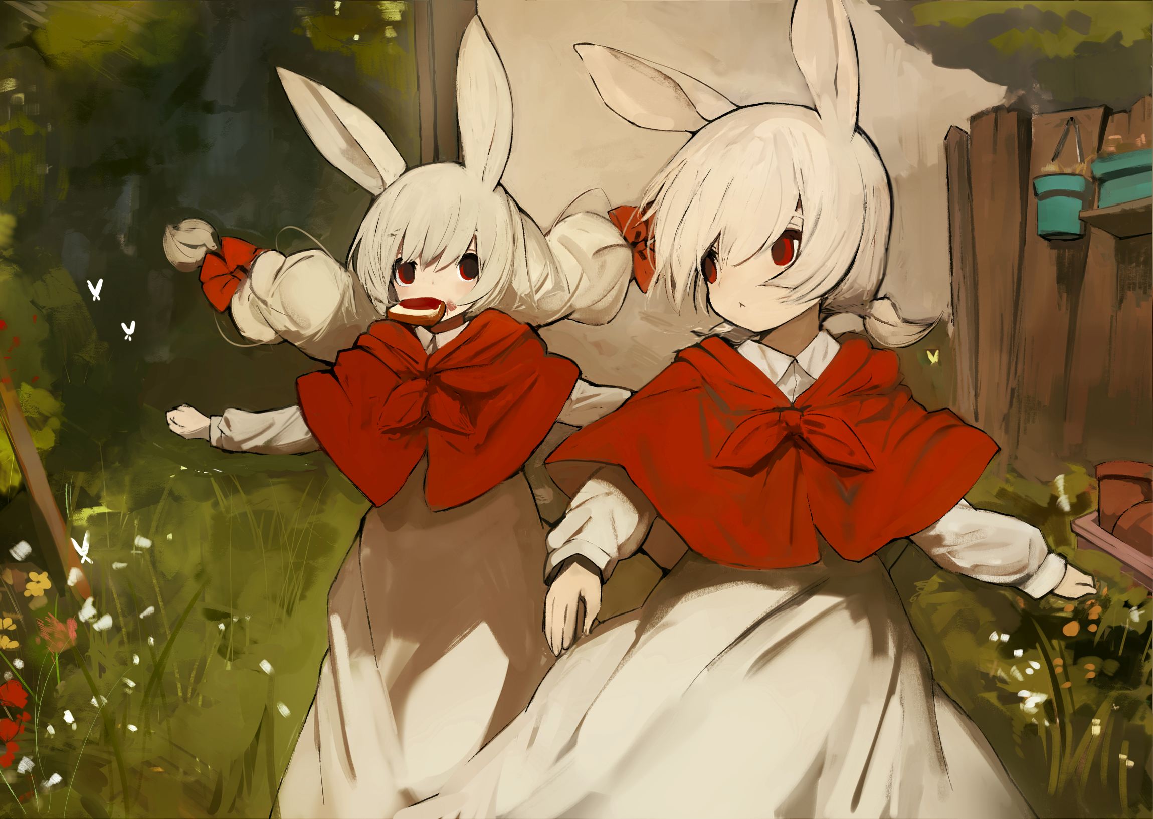 Two rabbit-eared girls in red capes eating snacks HD Wallpaper
