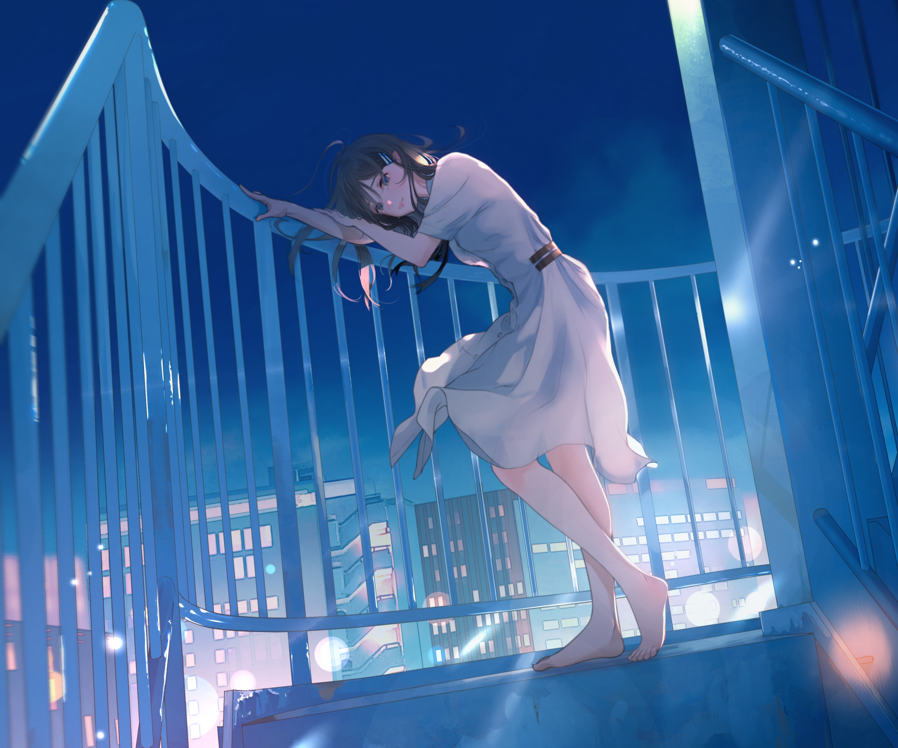 Girl in a white dress on a balcony at night HD Wallpaper