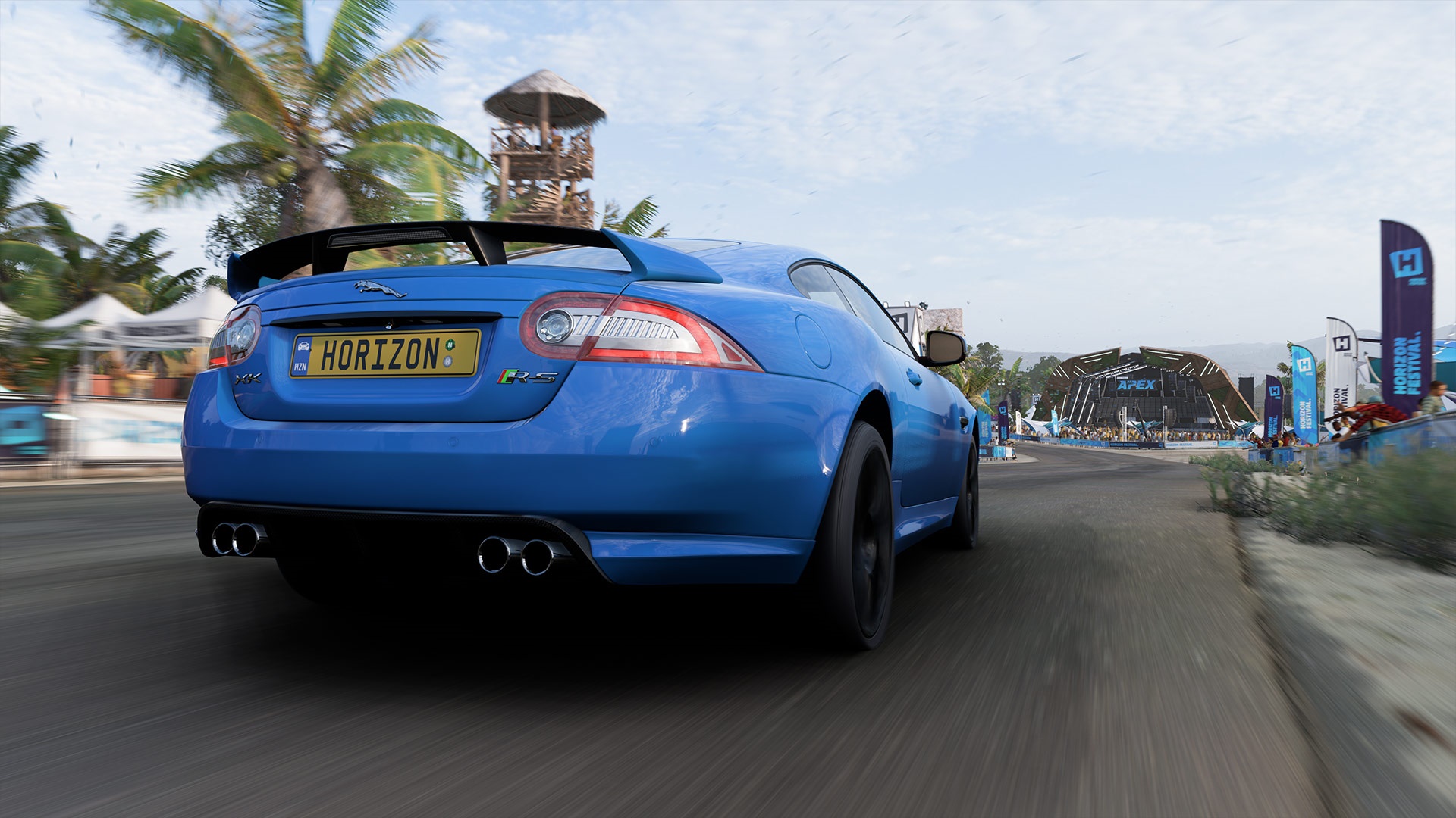 Blue Jaguar F-Type R driving in Forza Horizon 5 HD Wallpaper