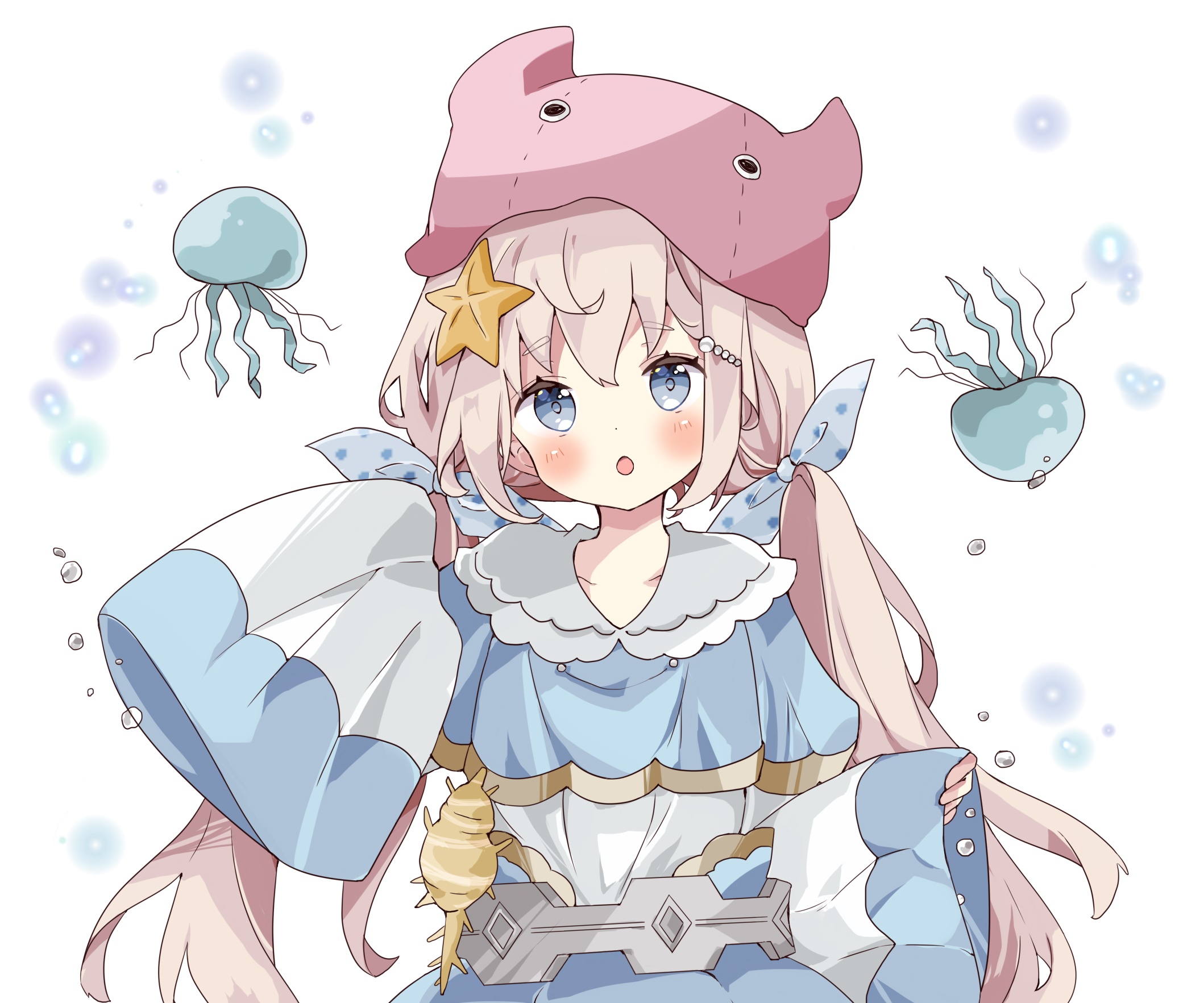 Anime girl with shark hat and jellyfish HD Wallpaper