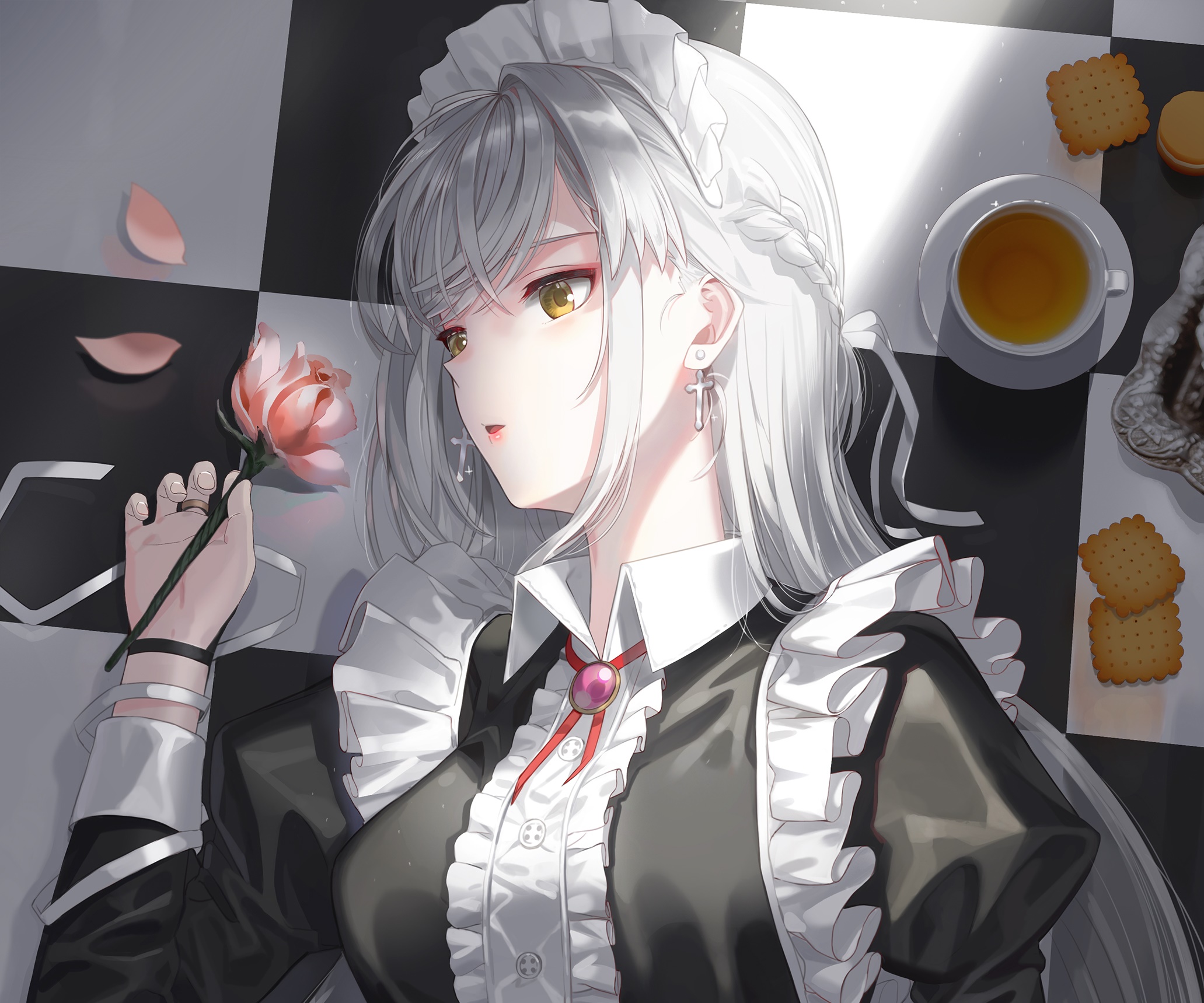 Maid holding a rose with tea and cookies HD Wallpaper