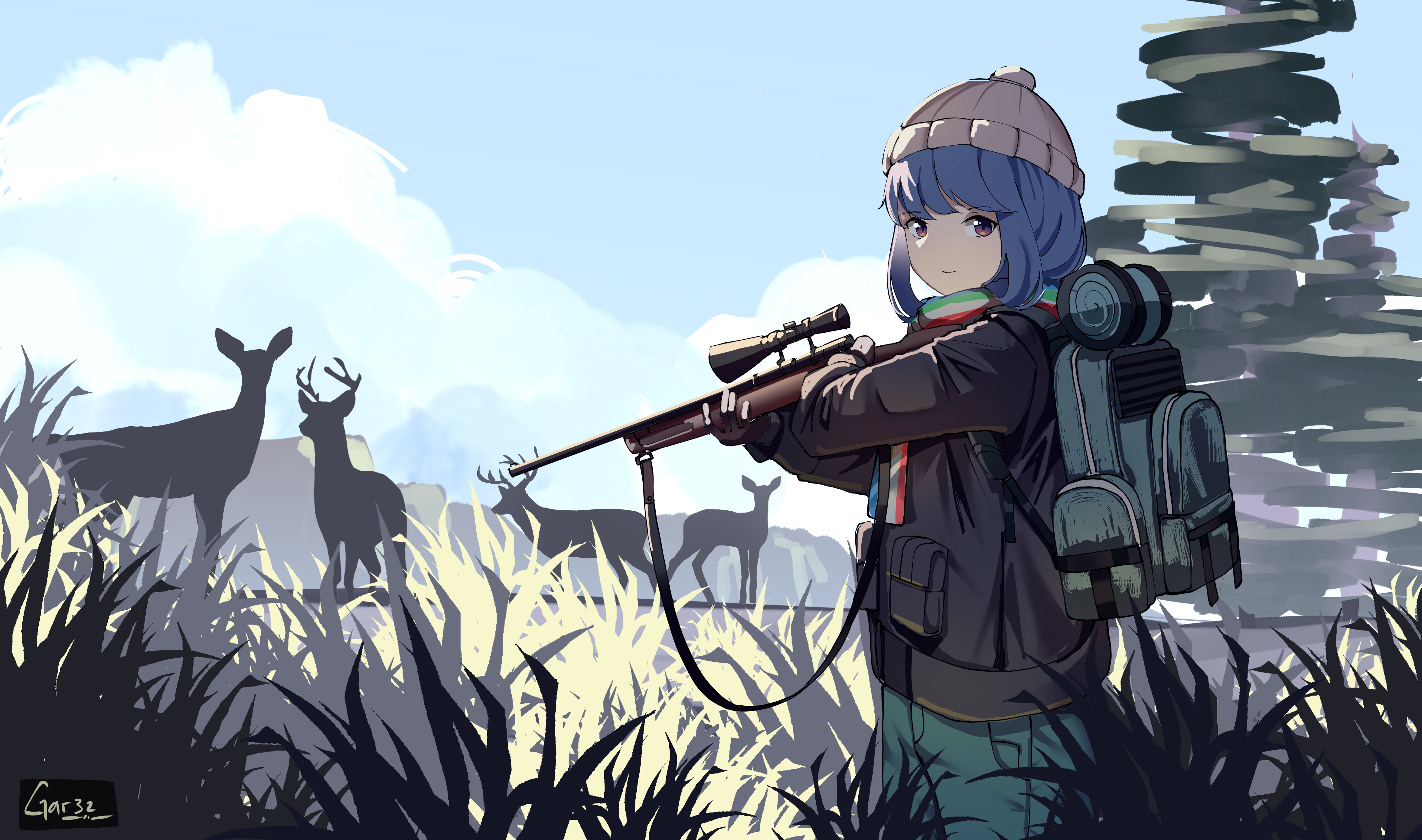 Rin Shima from Laid-Back Camp hunting with a rifle HD Wallpaper