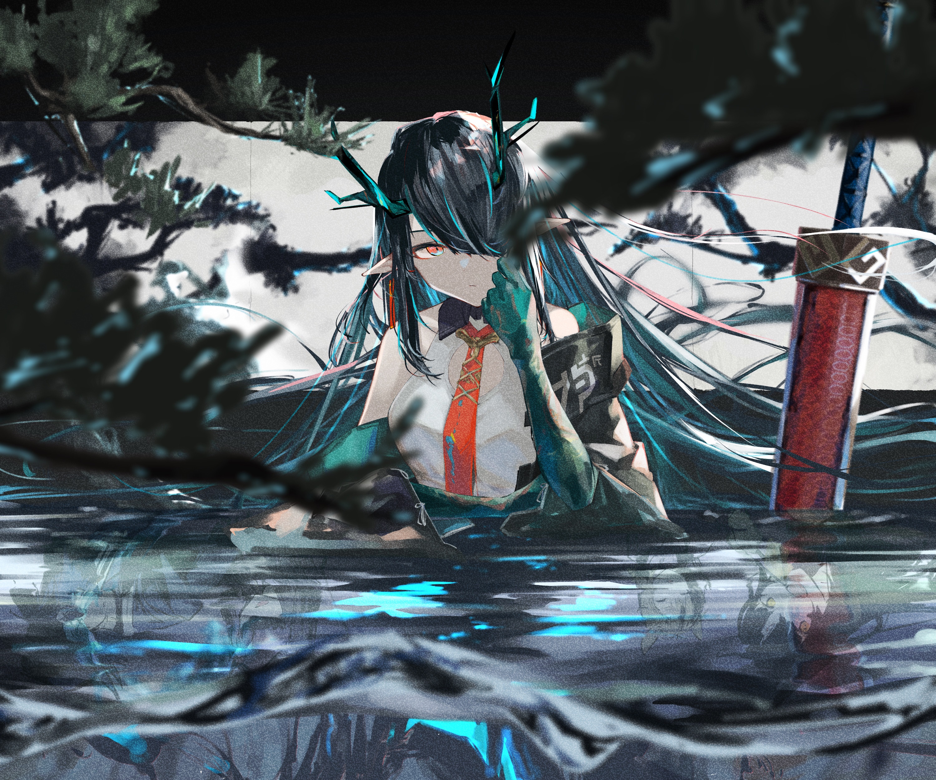 Dusk from Arknights in water with sword HD Wallpaper