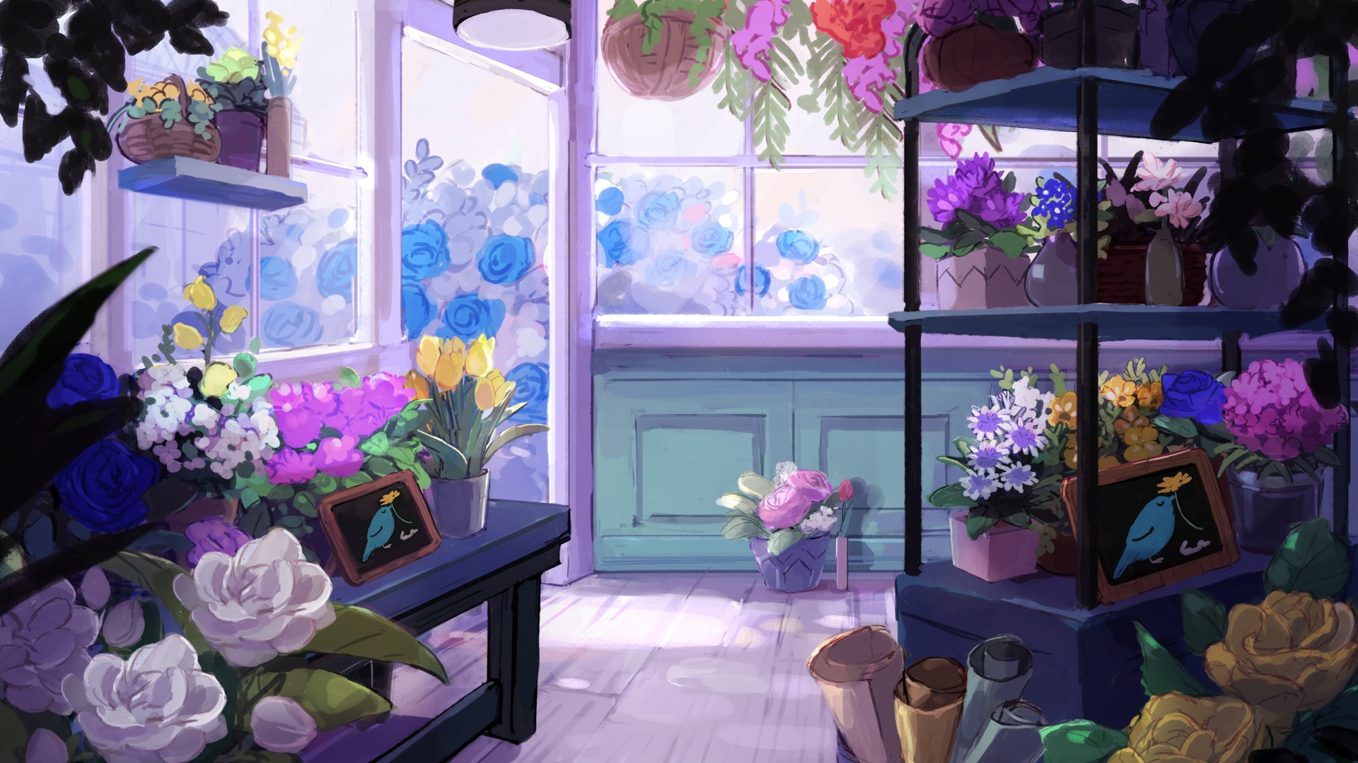 Flower shop interior with various flowers HD Wallpaper