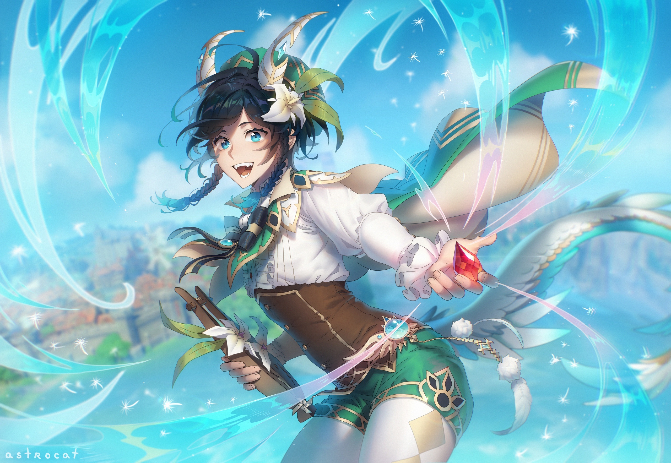 Venti from Genshin Impact with a red gem HD Wallpaper