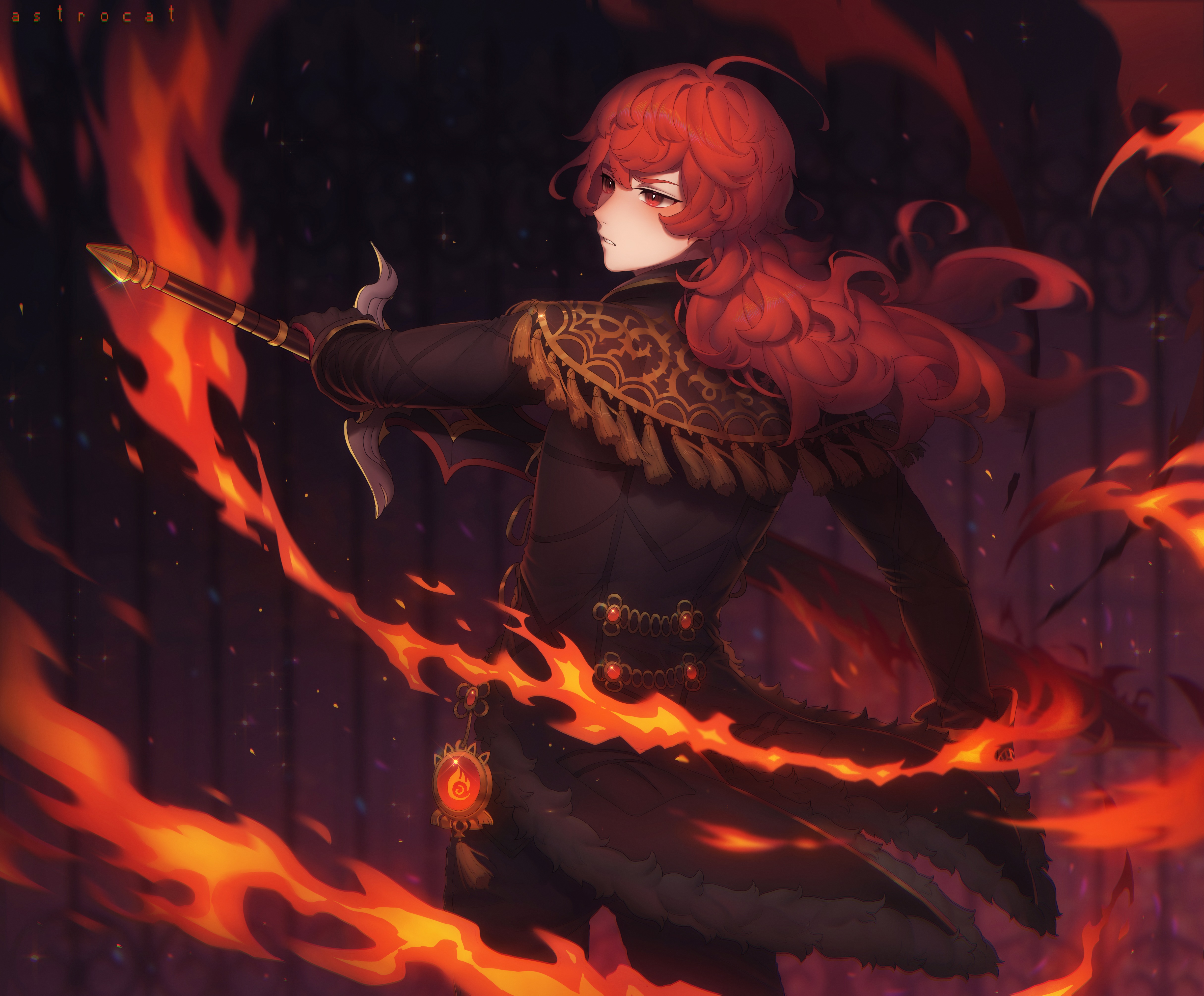 Diluc from Genshin Impact with flames HD Wallpaper