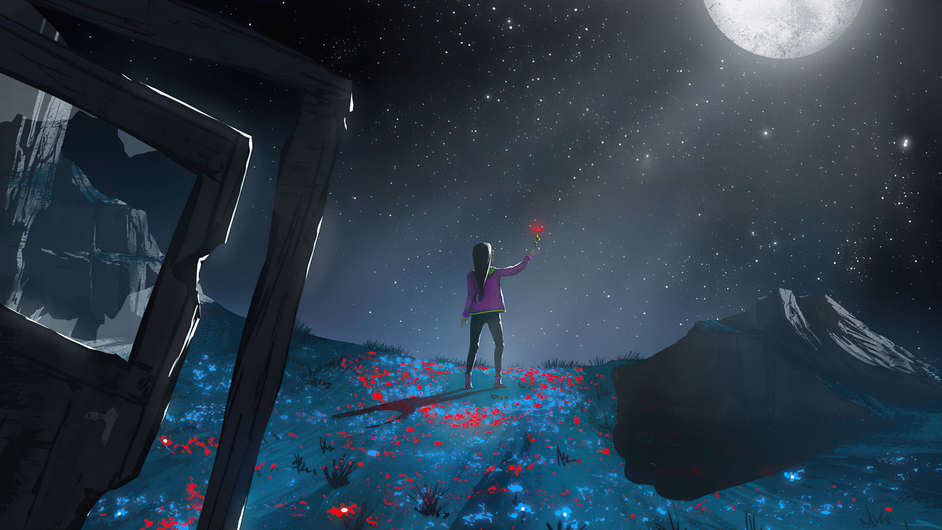 Girl holding a flower under the moon and stars HD Wallpaper