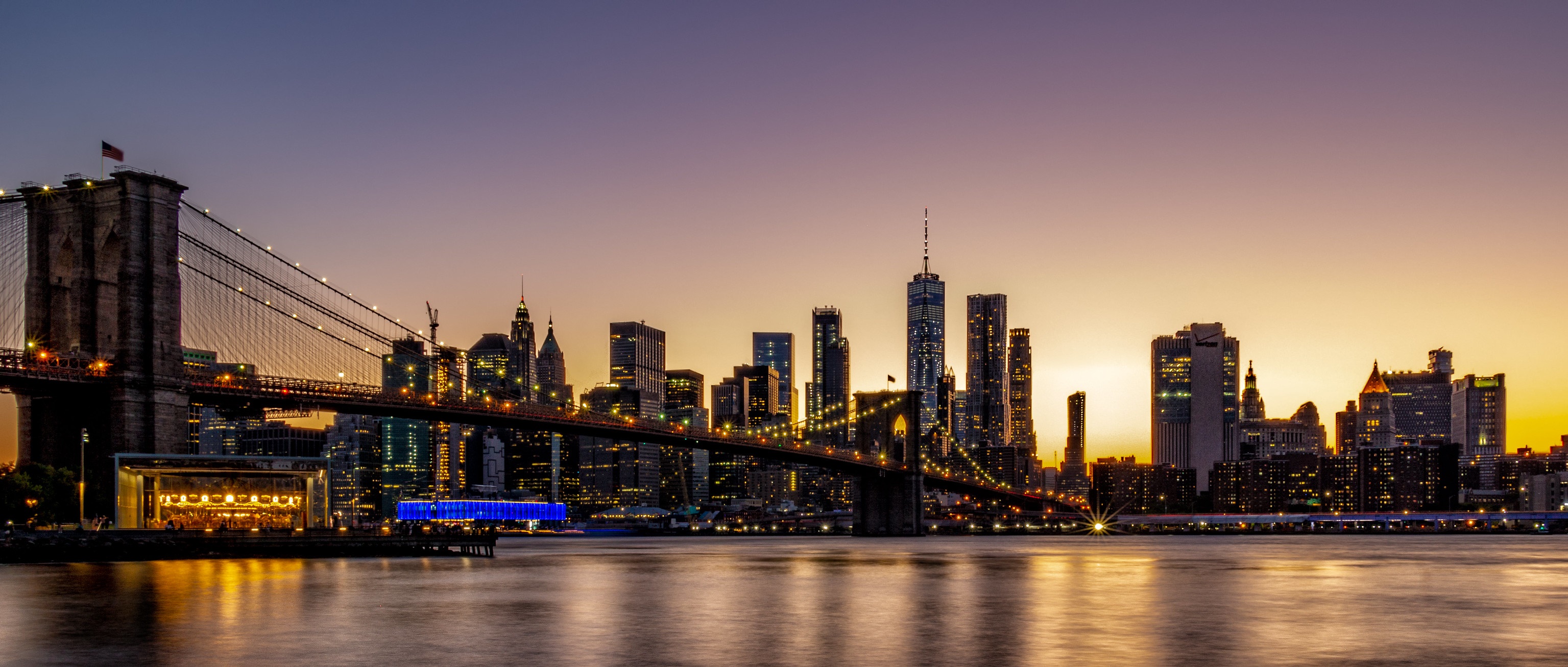 Brooklyn Bridge and New York Skyline at Sunset HD Wallpaper