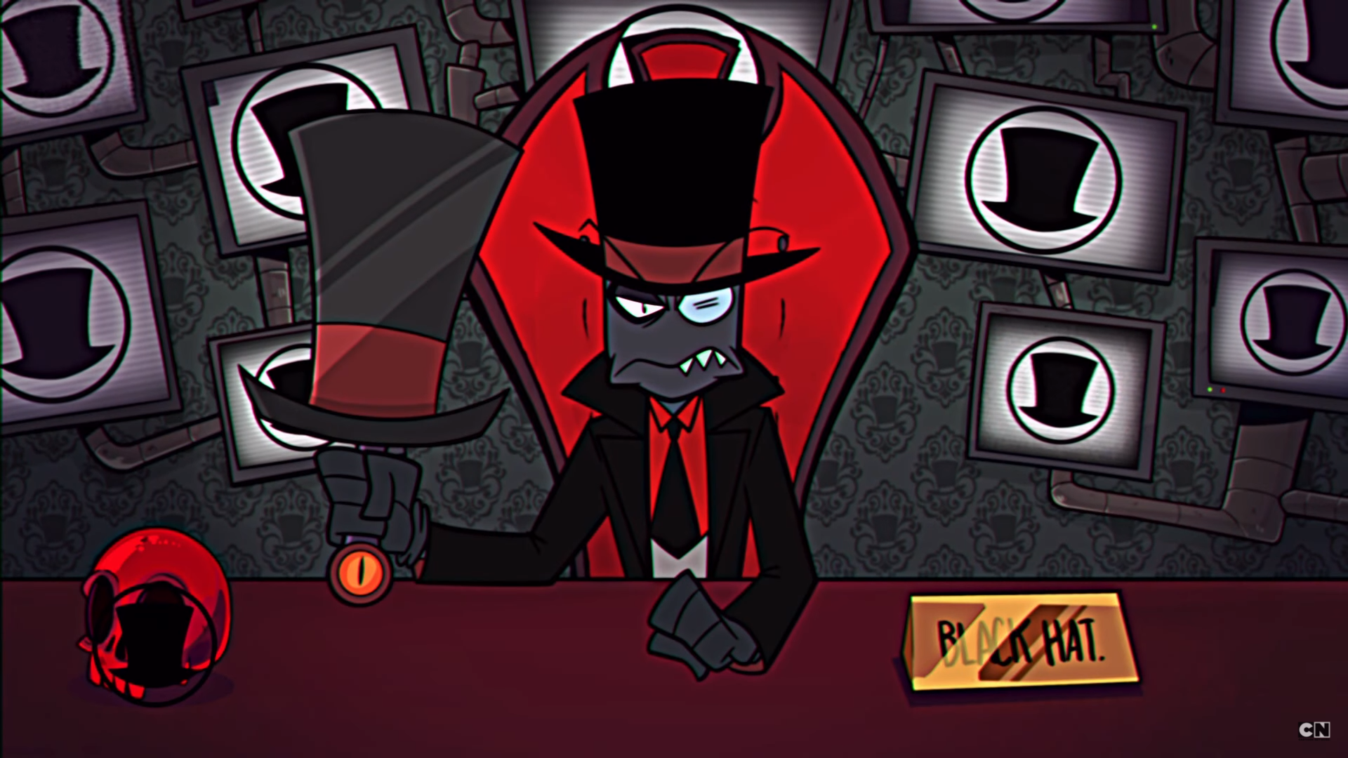 Black Hat from Villainous sitting at a desk HD Wallpaper