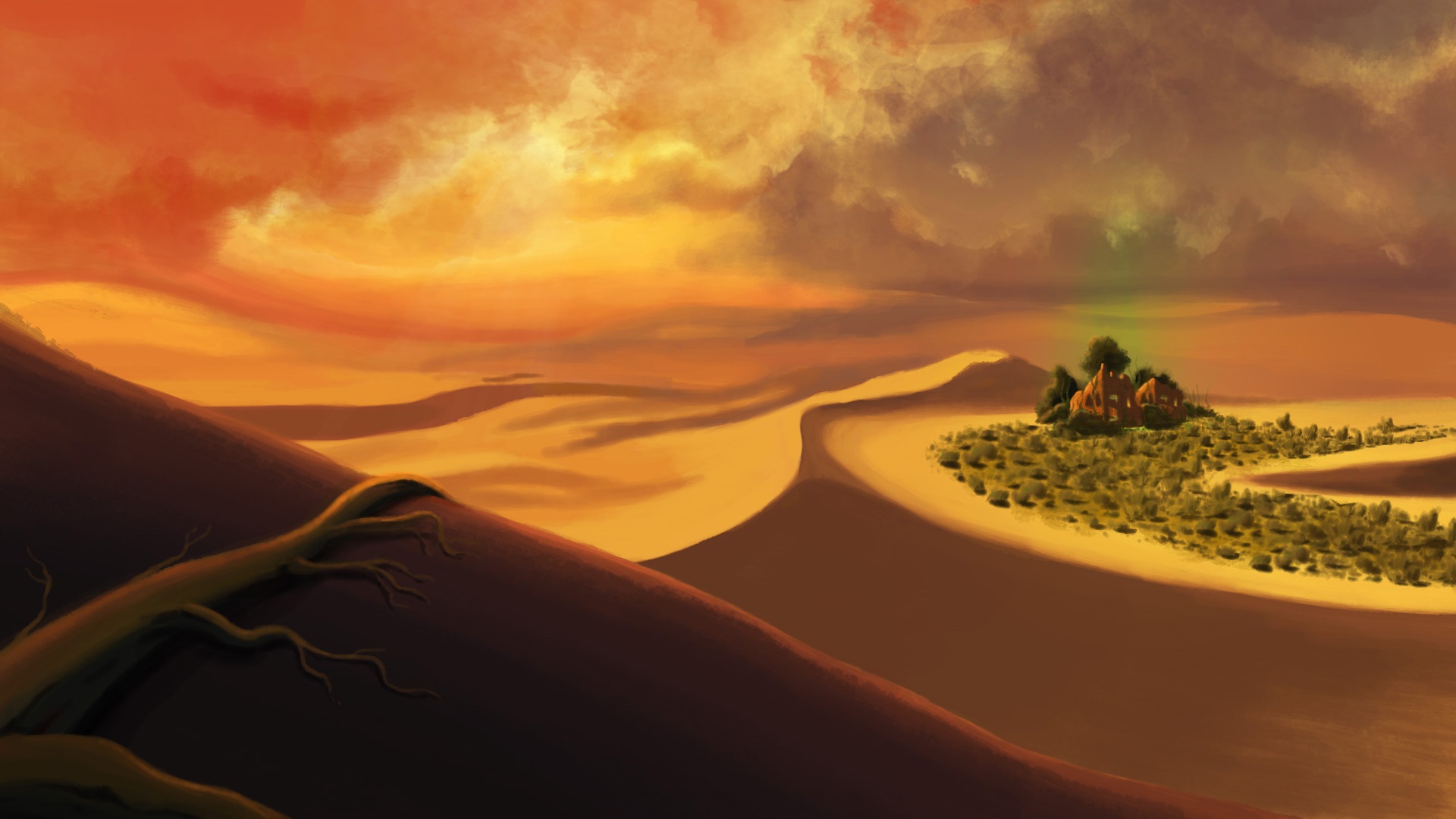 Desert landscape with ancient ruins and a green glow HD Wallpaper