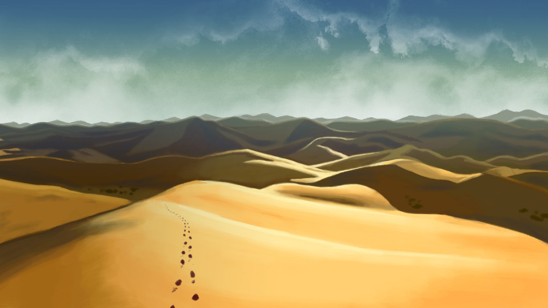 Footprints in a vast desert landscape HD Wallpaper