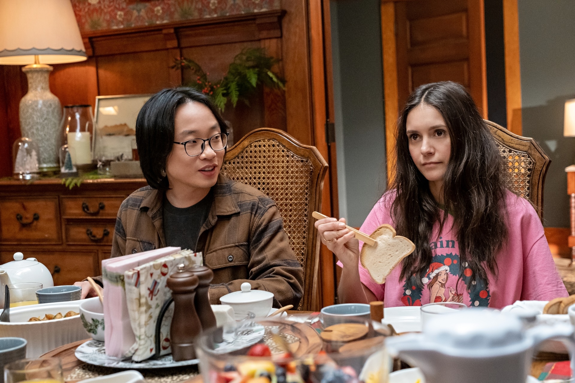 Jimmy O. Yang and Nina Dobrev in Love Hard HD Wallpaper