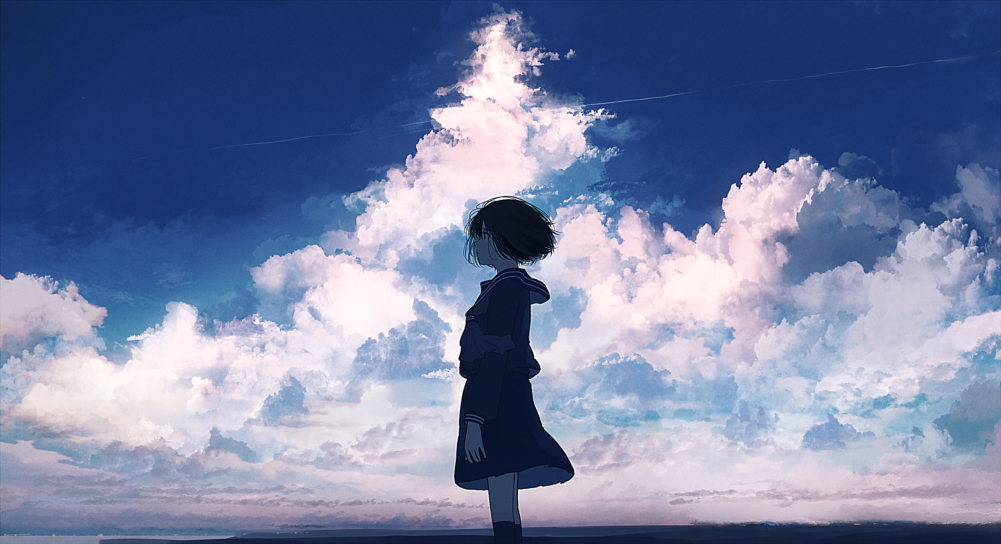 Girl in School Uniform Under Cloudy Sky HD Wallpaper