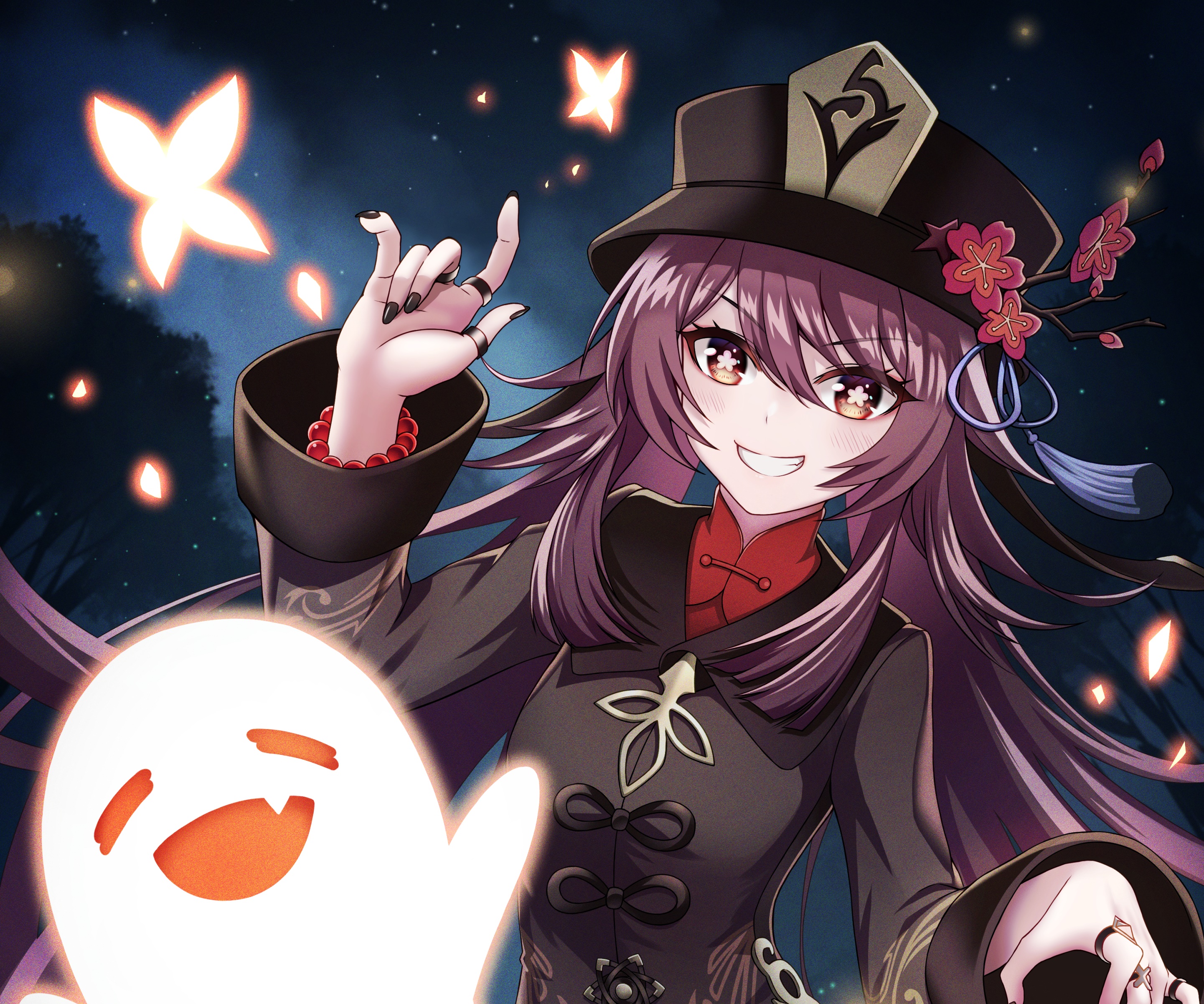 Hu Tao from Genshin Impact with a ghost HD Wallpaper