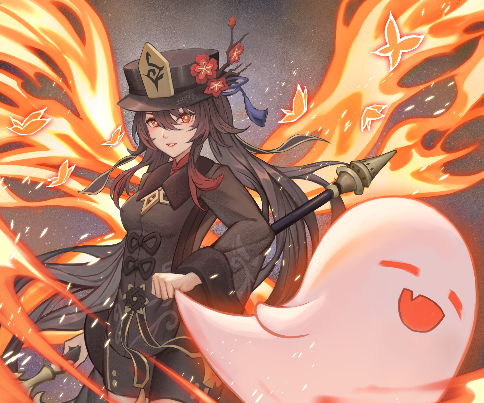 Hu Tao from Genshin Impact with a ghost HD Wallpaper