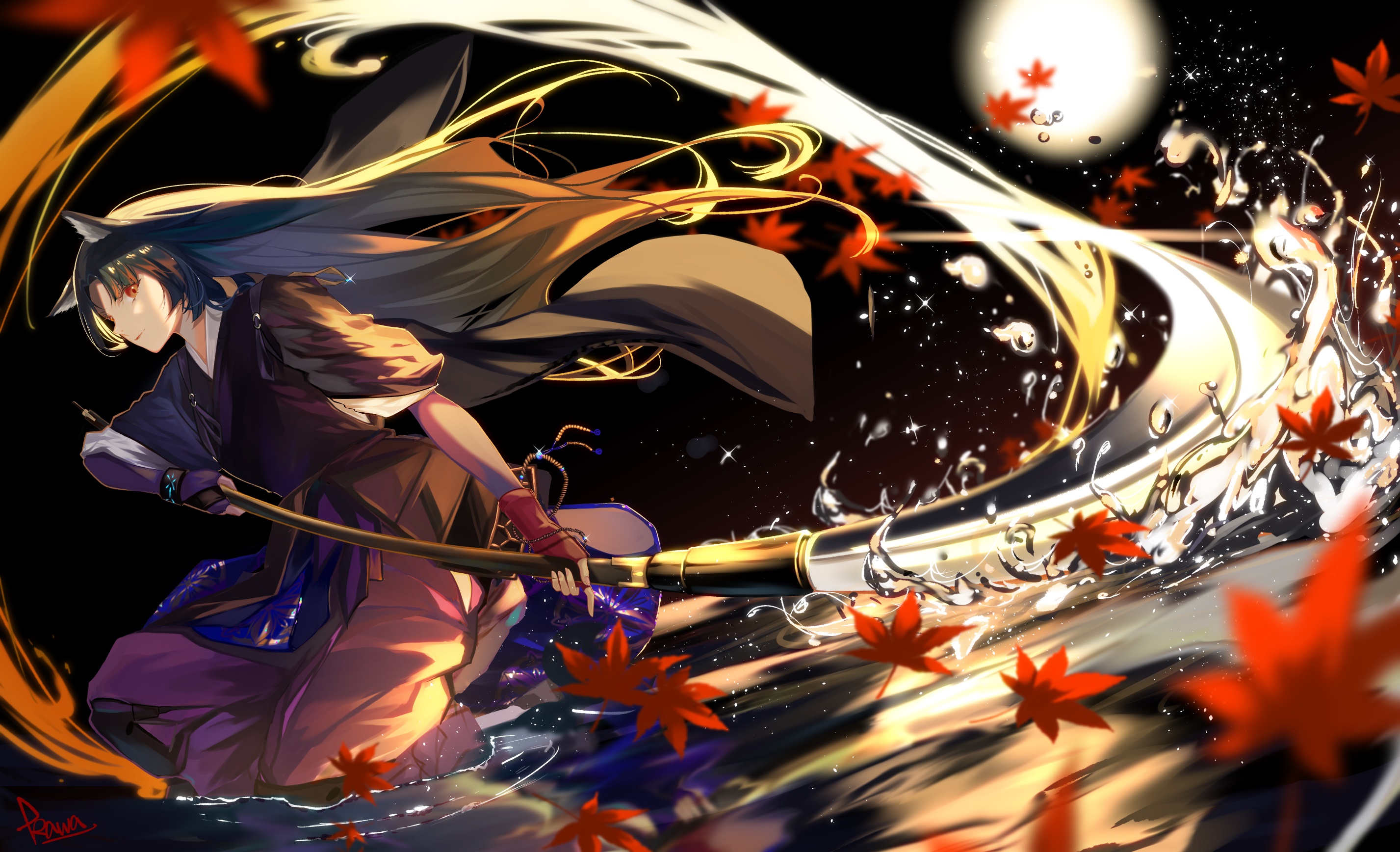 Saga from Arknights with a broom and maple leaves HD Wallpaper