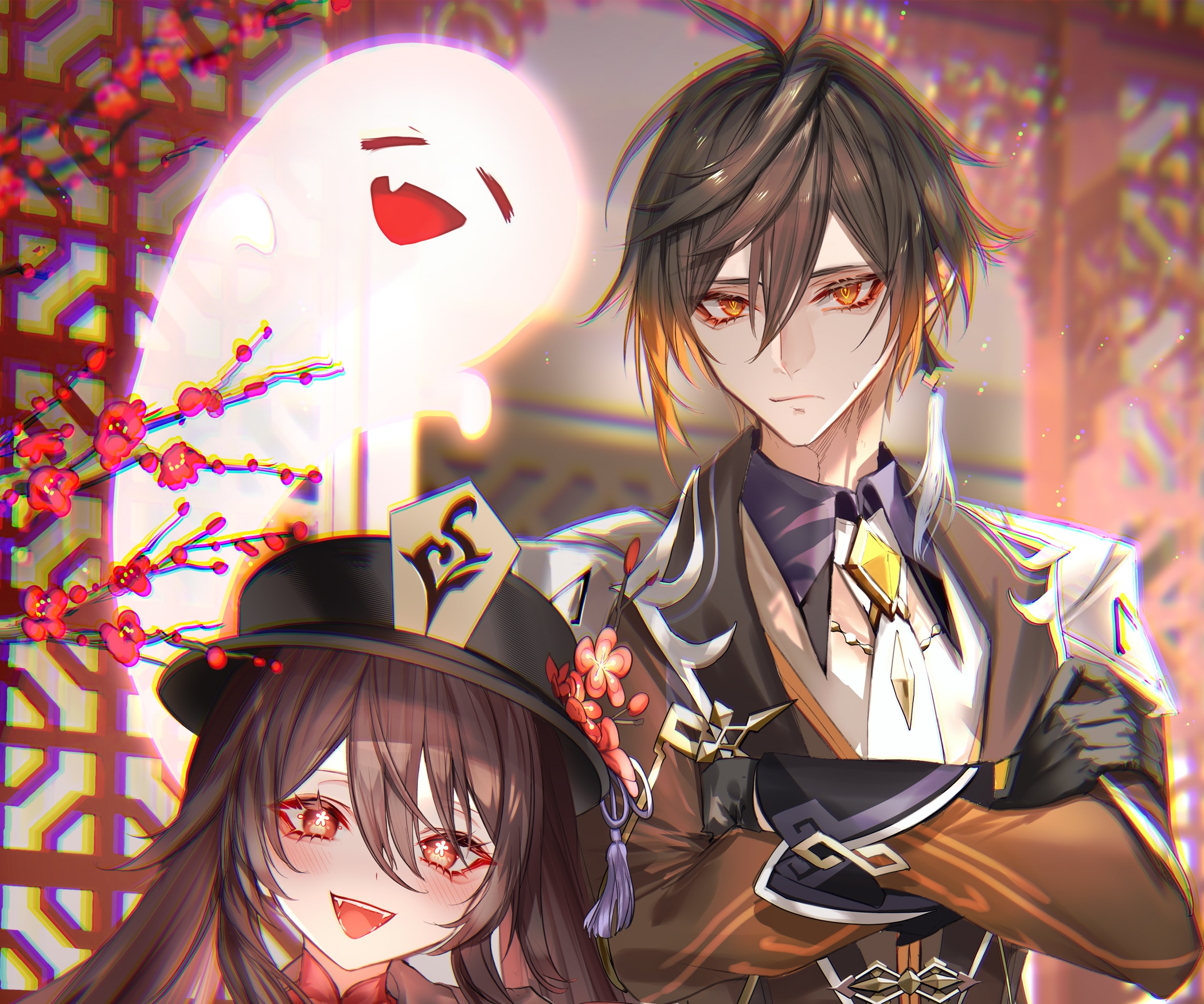 Hu Tao and Zhongli from Genshin Impact with a ghost HD Wallpaper