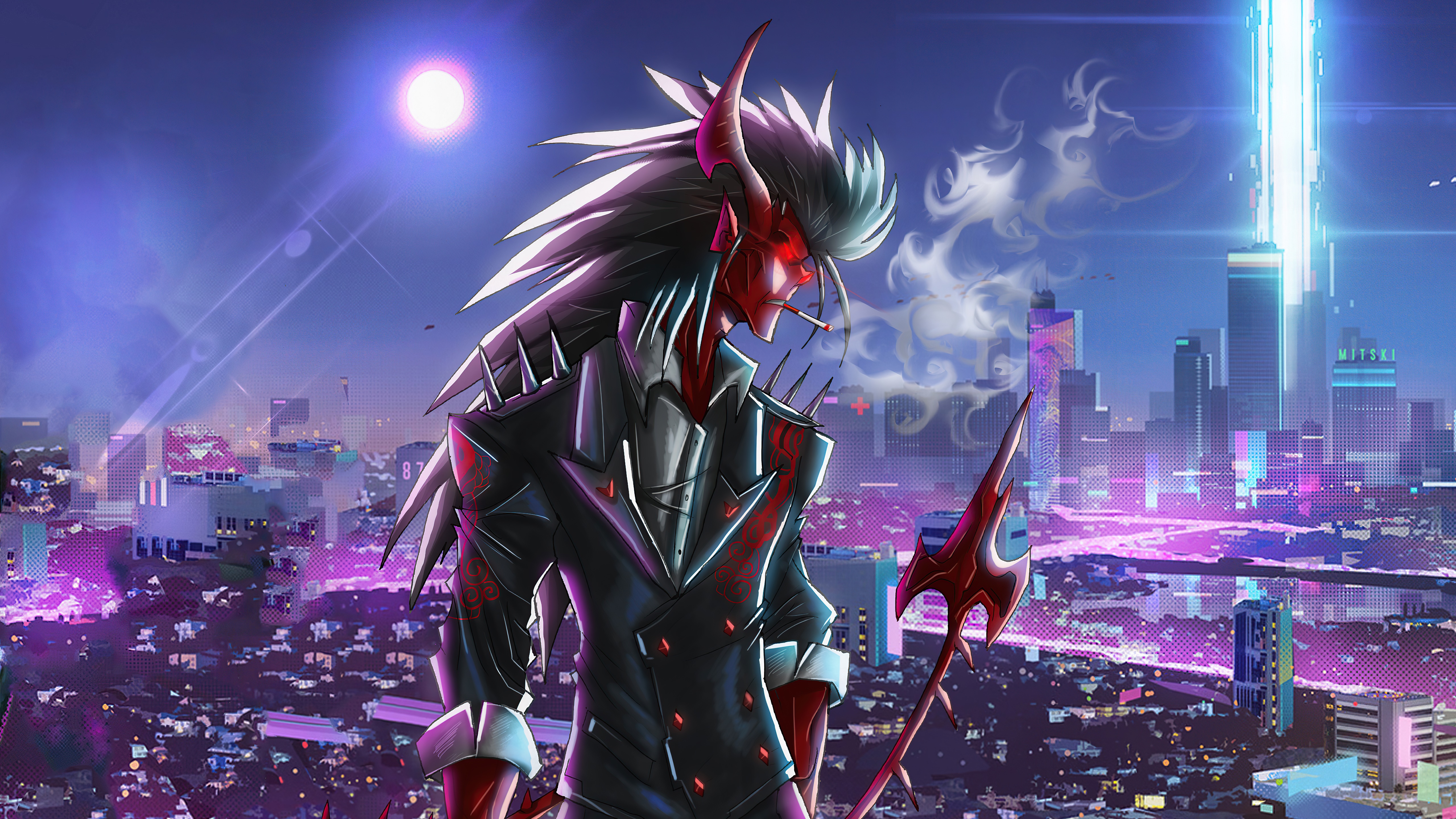 Fantasy Demon with Spiked Jacket in Cyberpunk City 4K HD Wallpaper