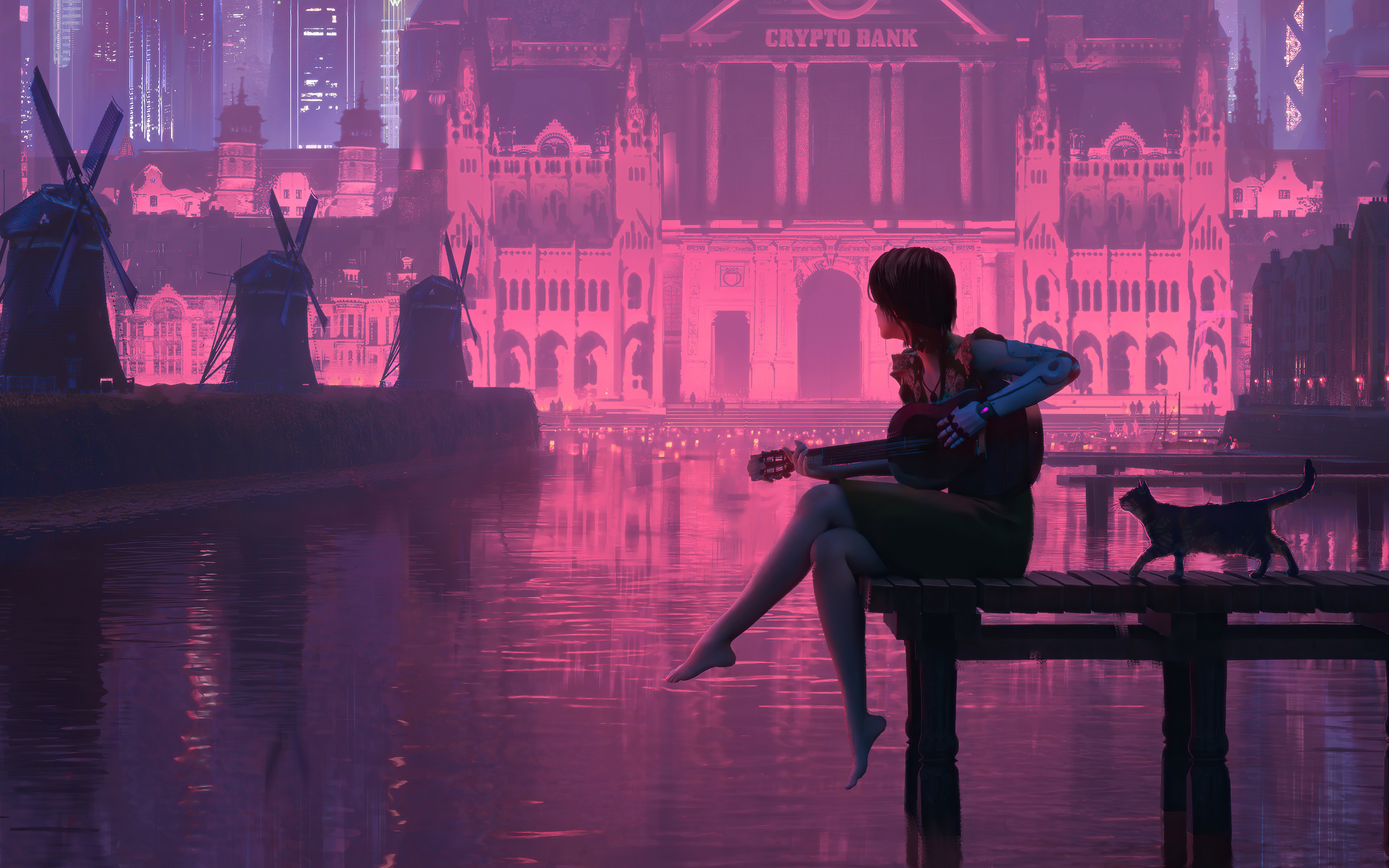 Girl playing guitar with cat by Crypto Bank HD Wallpaper
