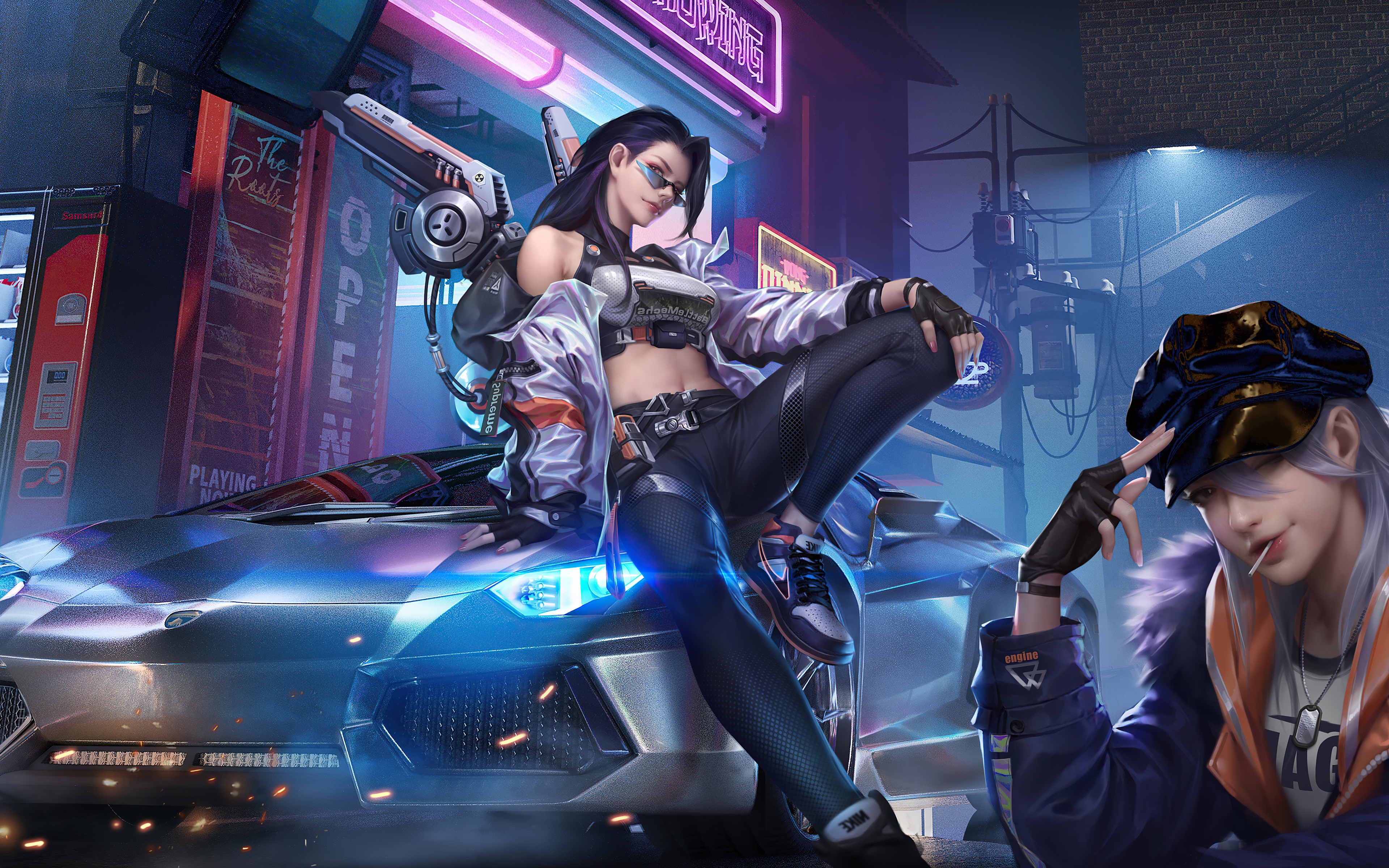 Cyberpunk women with futuristic car HD Wallpaper