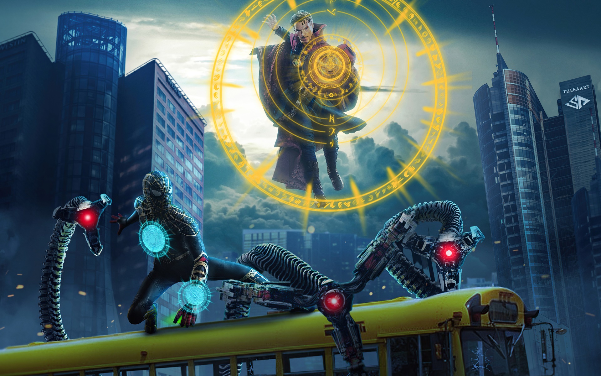 Spider-Man and Doctor Strange in a city battle HD Wallpaper